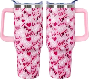 40 Oz Valentines Tumbler 3d-Printed Pink Love Tumbler Gifts for Couple Women Men Insulated Travel Cup with Handle Lid and Straw