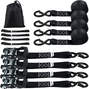 4000 lb Ratchet Straps 1.5 Inch 10ft 4 Pack Adjustable Tie Down Straps with S Hooks,Heavy Duty Strap for,Boats,Truck Bed,Tarps,Trailers,Wind,Storage Sheds,Rook Rack,Car Accessoreis Essentials Black