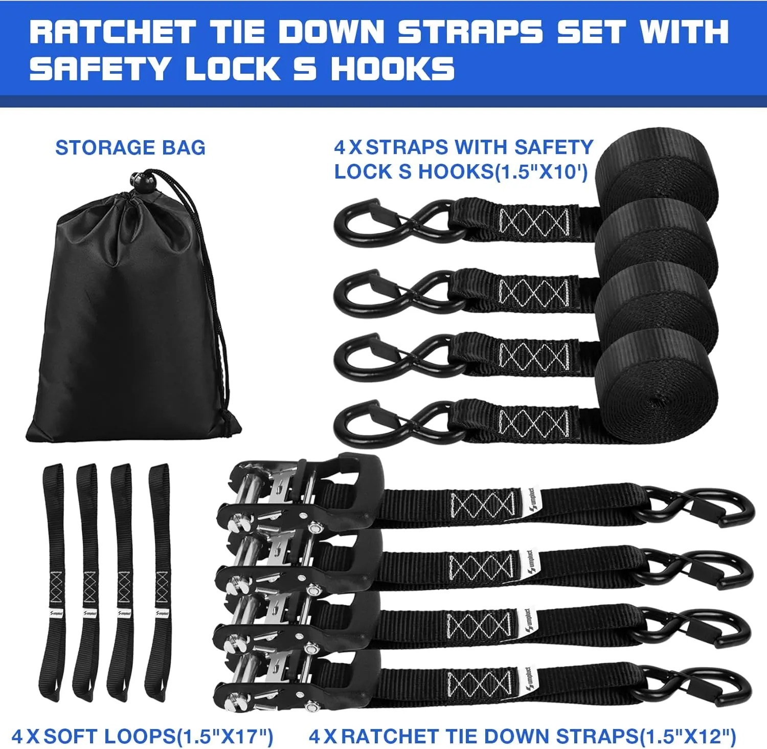 4000 lb Ratchet Straps 1.5 Inch 10ft 4 Pack Adjustable Tie Down Straps with S Hooks,Heavy Duty Strap for,Boats,Truck Bed,Tarps,Trailers,Wind,Storage Sheds,Rook Rack,Car Accessoreis Essentials Black
