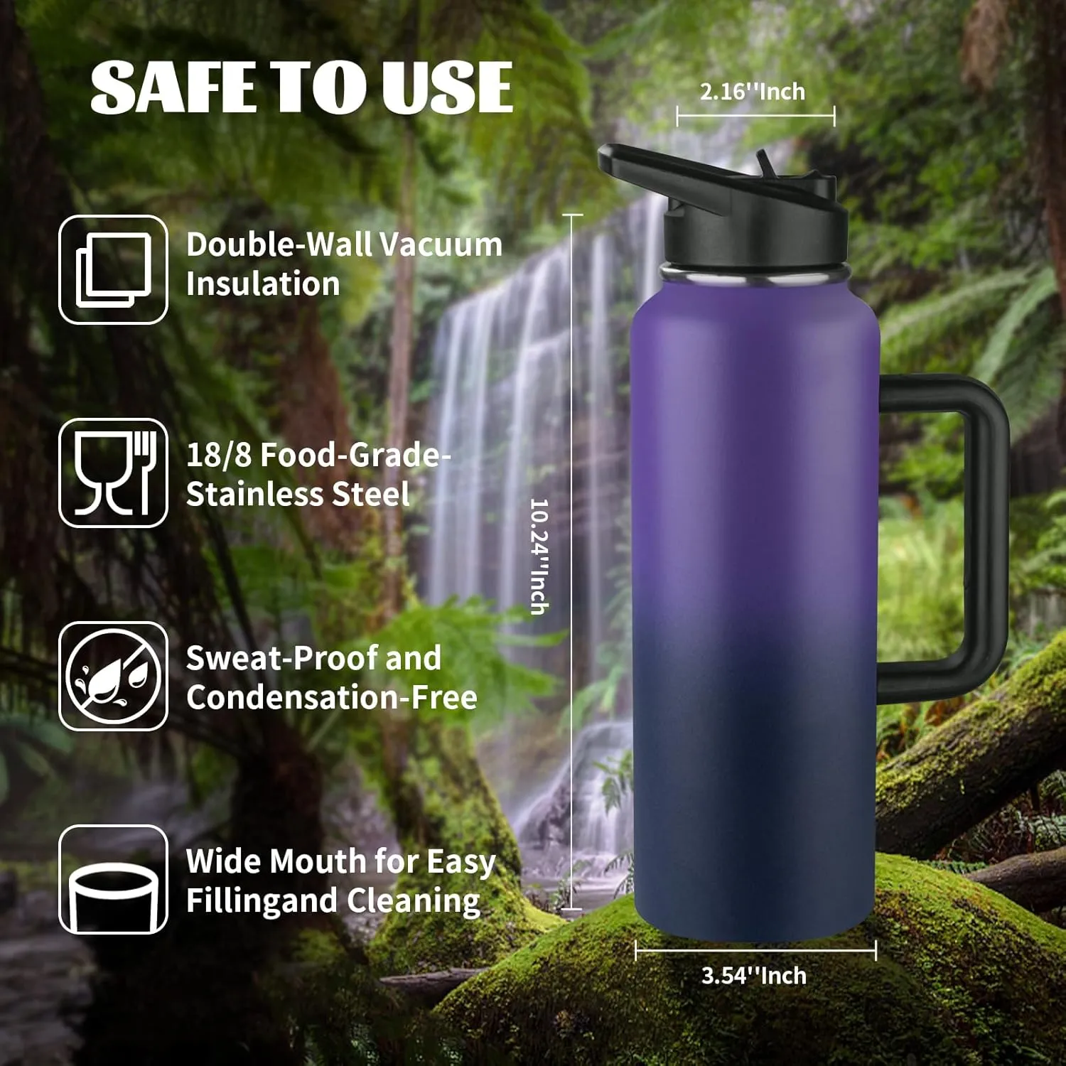 40oz Insulated Water Bottle with Handle, Stainless Steel Sports Metal Water Flask with Straw & 2 Leak Proof Lids, Double Walled Vacuum Wide Mouth Water Bottle for Travel,Camping,Gym (Purple Navy blue)