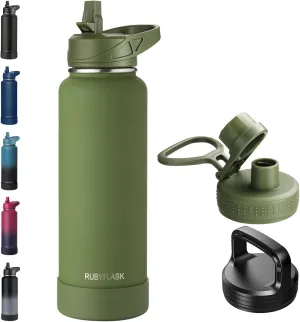 40oz Insulated Water Bottle with Straw, Stainless Steel Metal Vacuum Water Flask, Large Thermos Water bottle with Leakproof 3 Lids for Travel, Camping, Gym Sports Armygreen