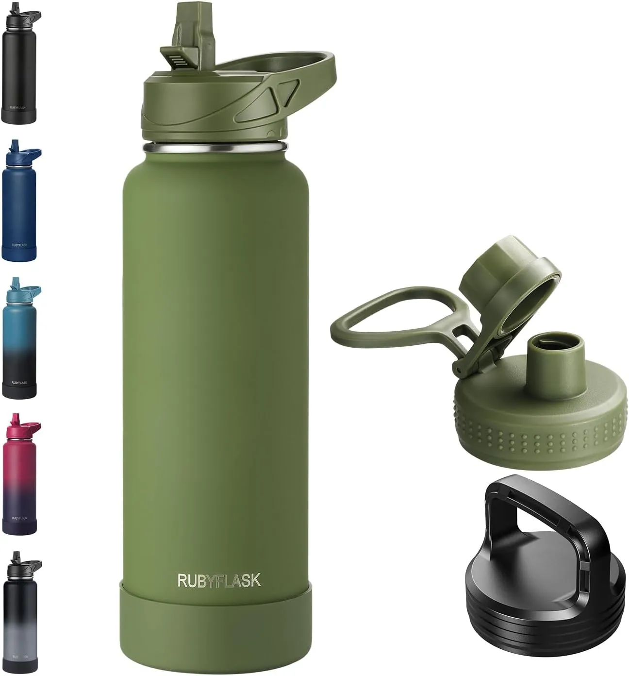 40oz Insulated Water Bottle with Straw, Stainless Steel Metal Vacuum Water Flask, Large Thermos Water bottle with Leakproof 3 Lids for Travel, Camping, Gym Sports Armygreen