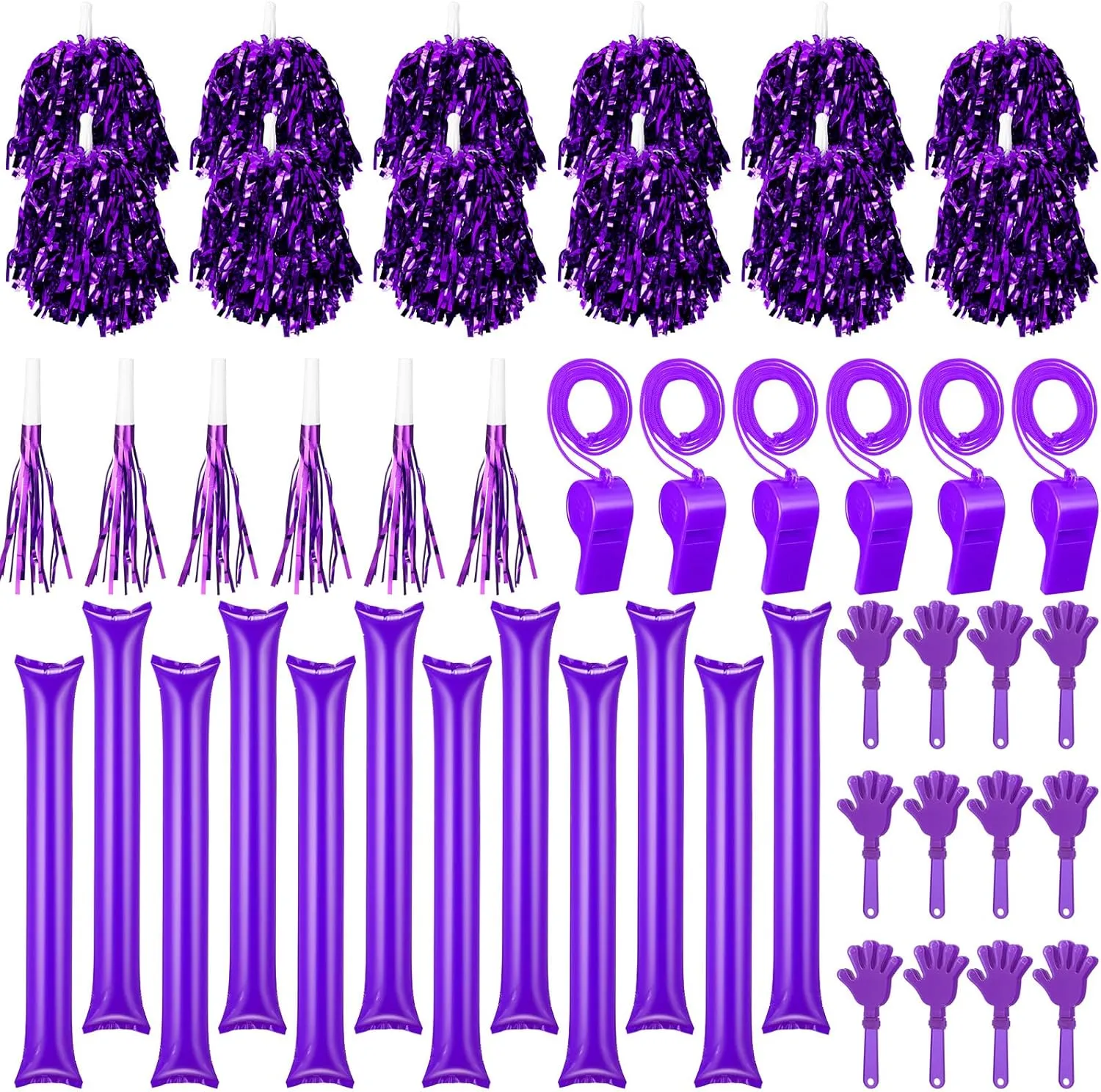 48 Pcs Cheerleading Pom Poms Thunder Sticks Plastic Whistles with Lanyards Squawker Horns Hand Clappers