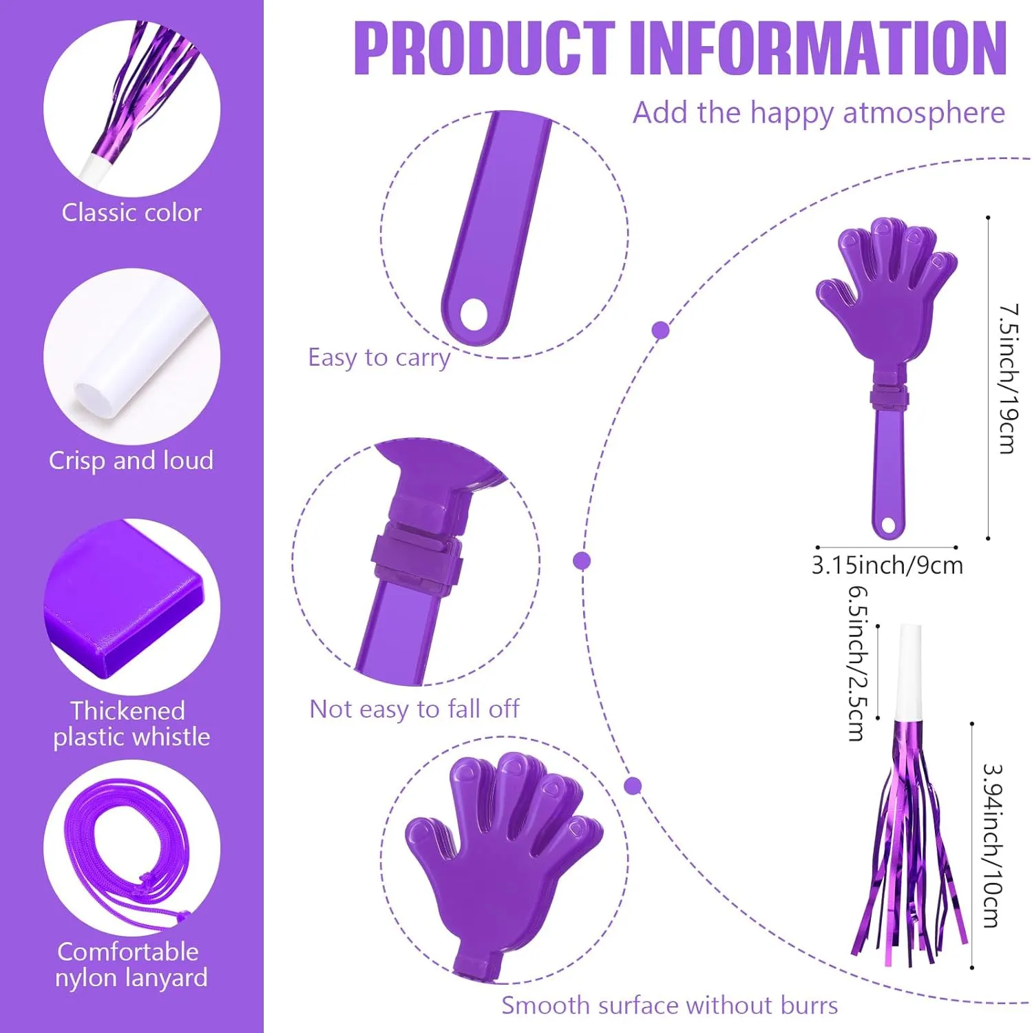 48 Pcs Cheerleading Pom Poms Thunder Sticks Plastic Whistles with Lanyards Squawker Horns Hand Clappers