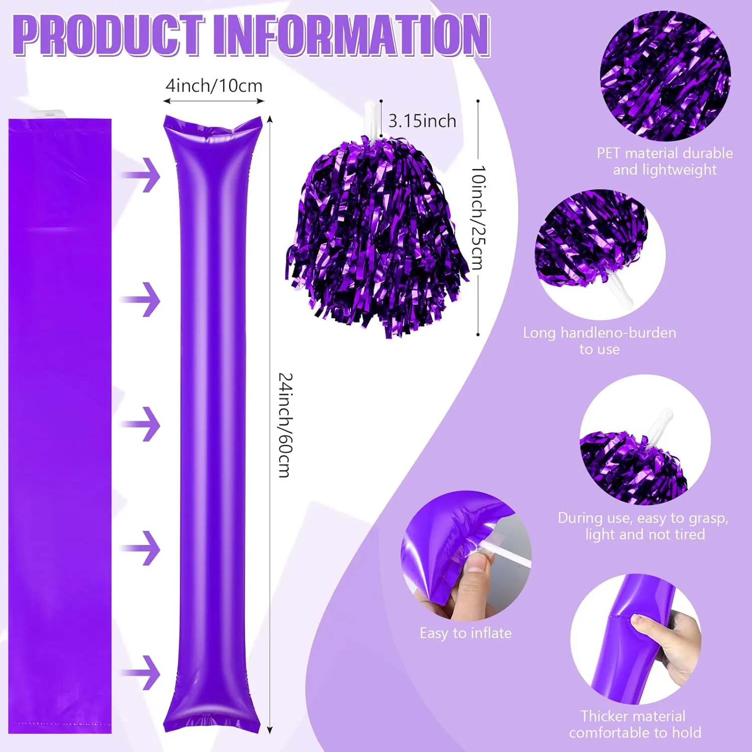 48 Pcs Cheerleading Pom Poms Thunder Sticks Plastic Whistles with Lanyards Squawker Horns Hand Clappers