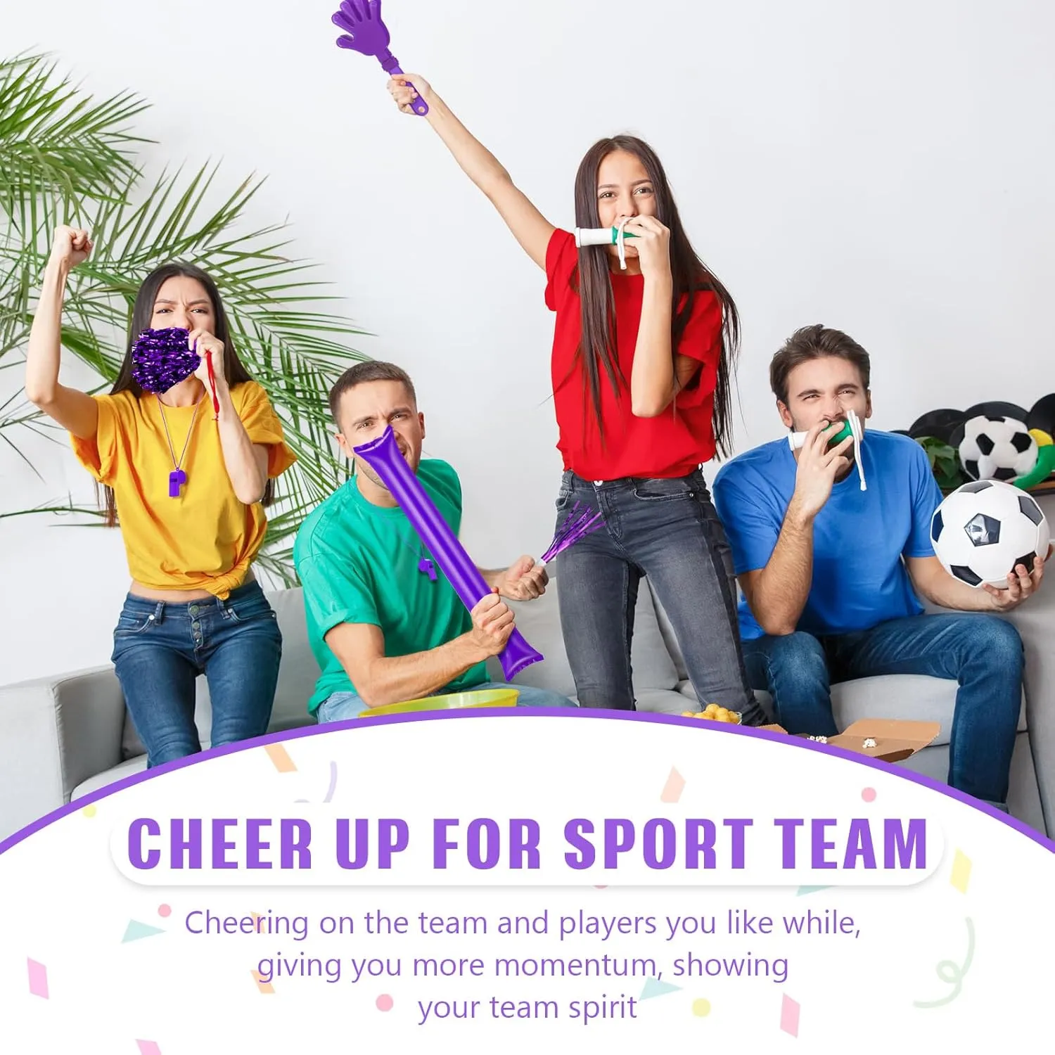 48 Pcs Cheerleading Pom Poms Thunder Sticks Plastic Whistles with Lanyards Squawker Horns Hand Clappers
