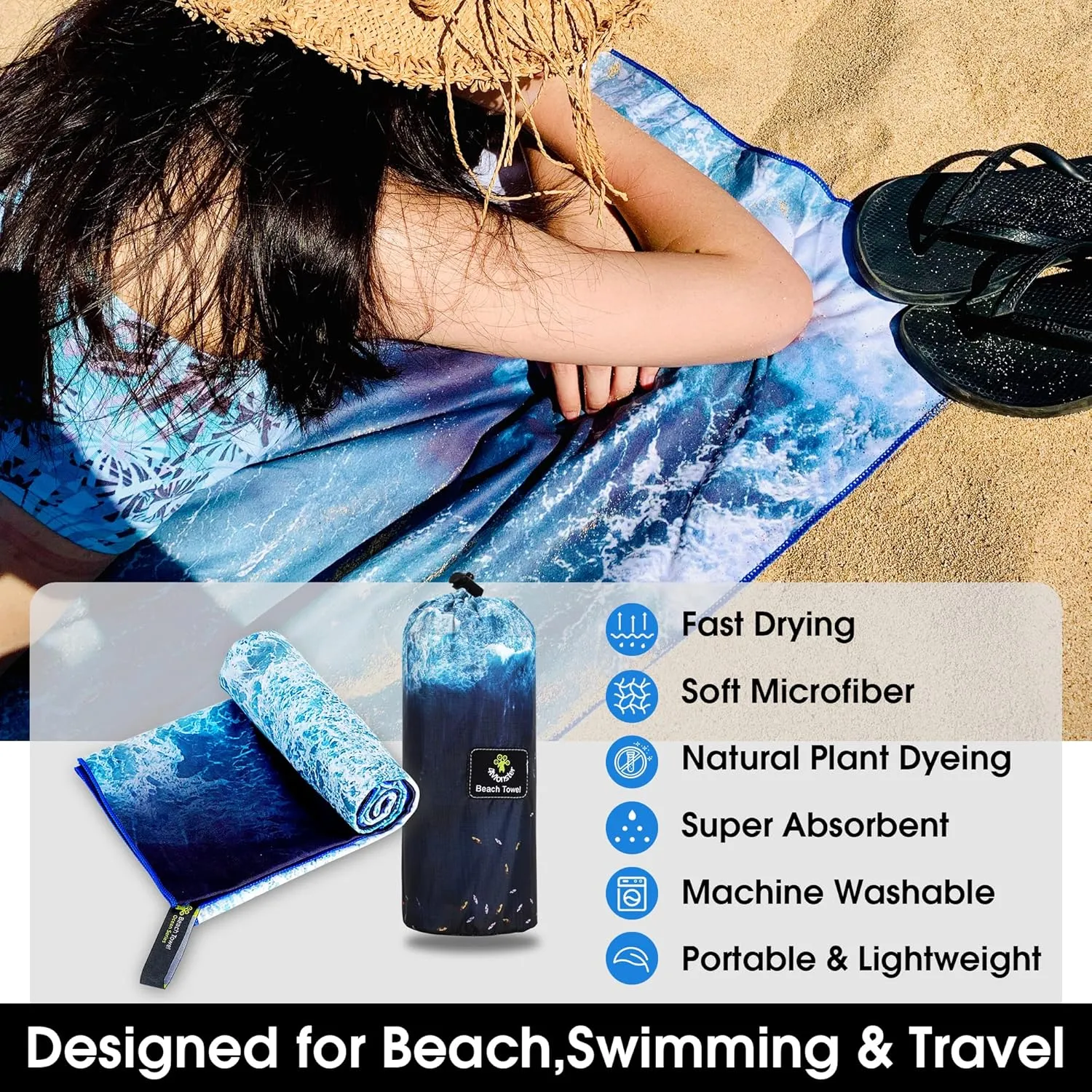 4Monster Microfiber Beach Towel Quick Dry,Super Absorbent Lightweight Travel Towel for Swimmers, Sand Free Camping Towel, Beach Towels for Pool, Swim, Water Sports,Yoga,Gym,Backpacking