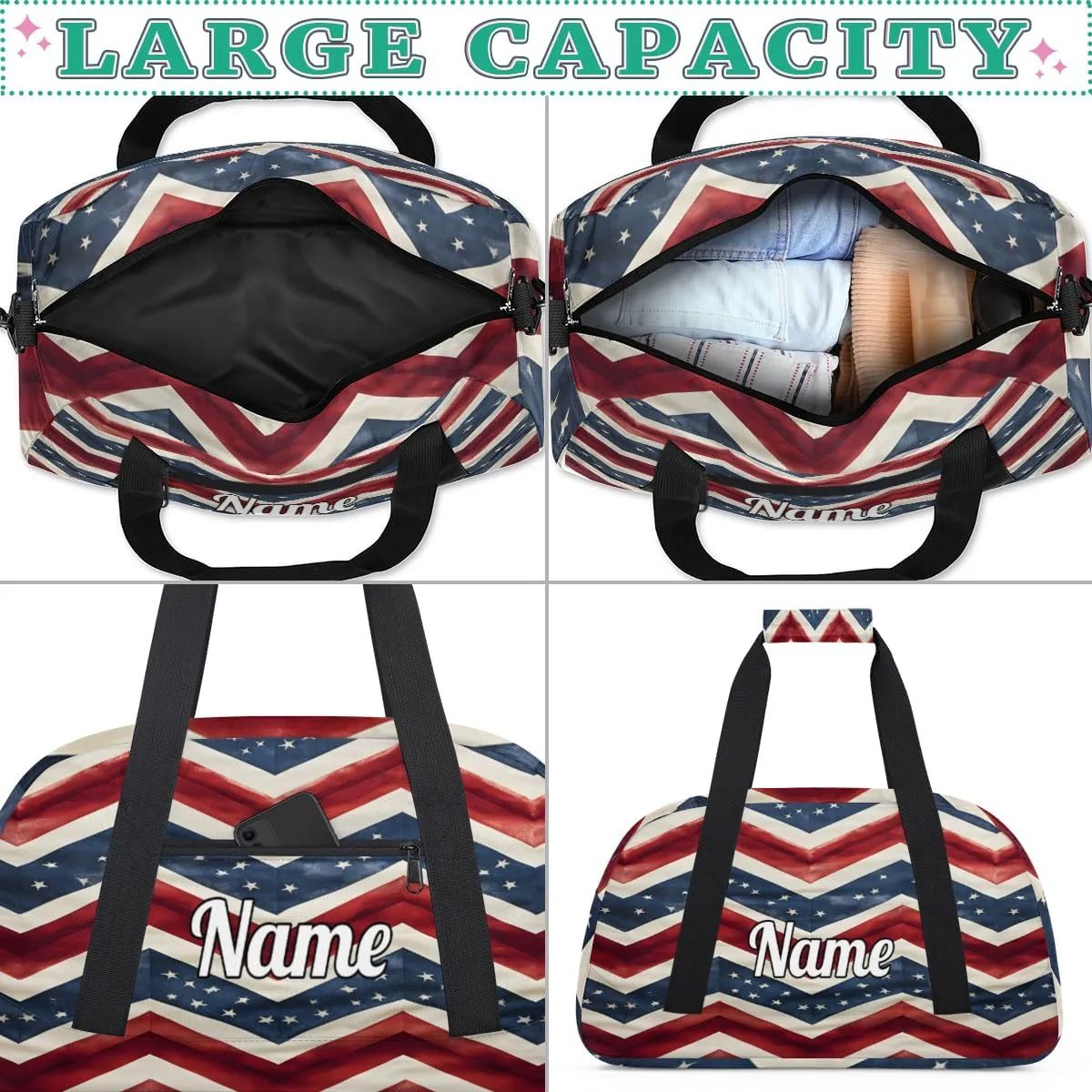 4th of July Memorial Day Personalized Kids Gym Bag Custom Dance Bag with Name Sport Duffel Bag for Girls Boys Weekender Overnight Travel Bag