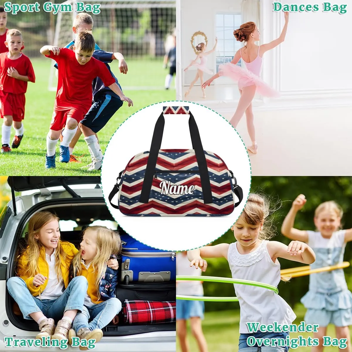 4th of July Memorial Day Personalized Kids Gym Bag Custom Dance Bag with Name Sport Duffel Bag for Girls Boys Weekender Overnight Travel Bag