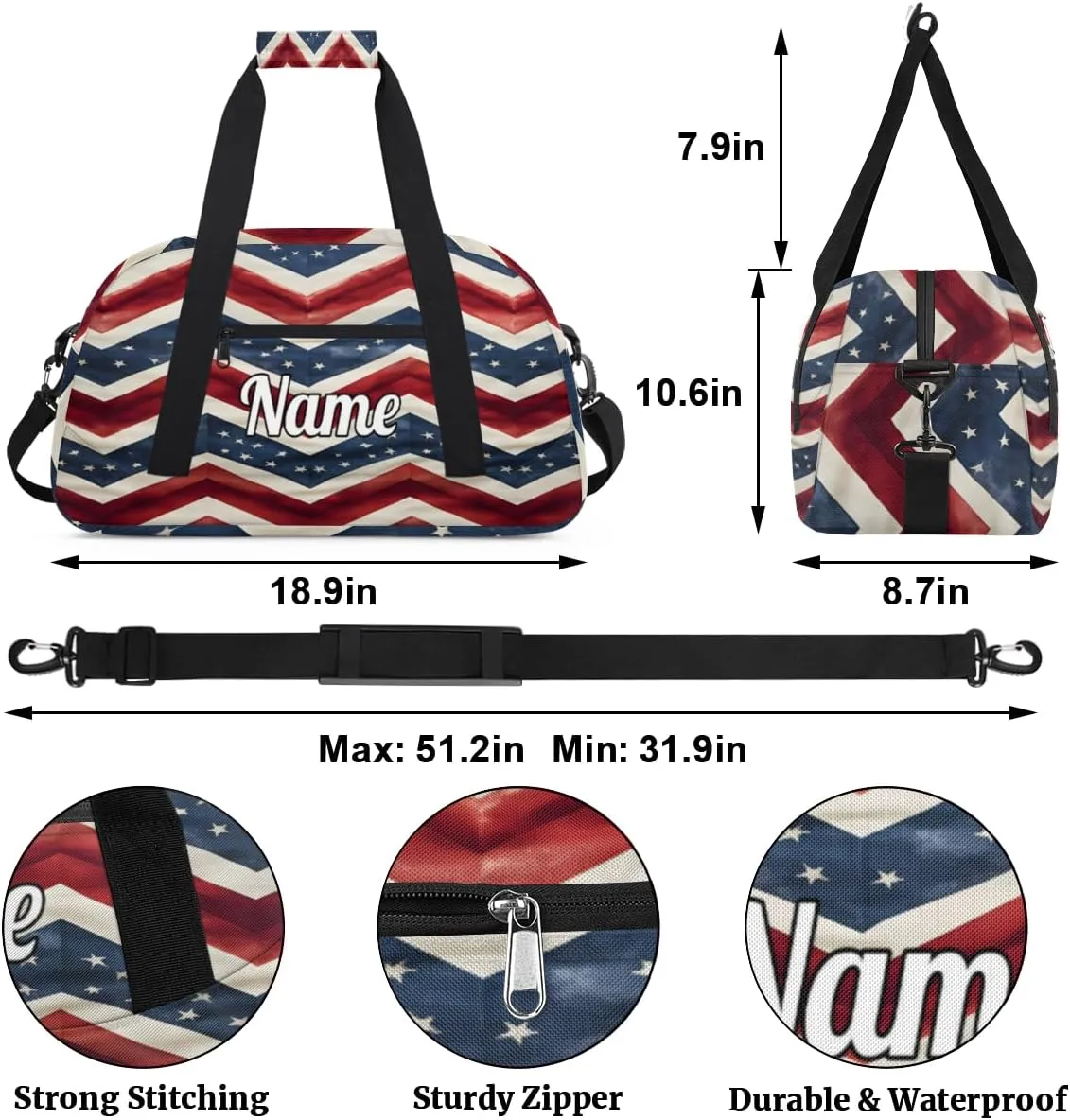 4th of July Memorial Day Personalized Kids Gym Bag Custom Dance Bag with Name Sport Duffel Bag for Girls Boys Weekender Overnight Travel Bag
