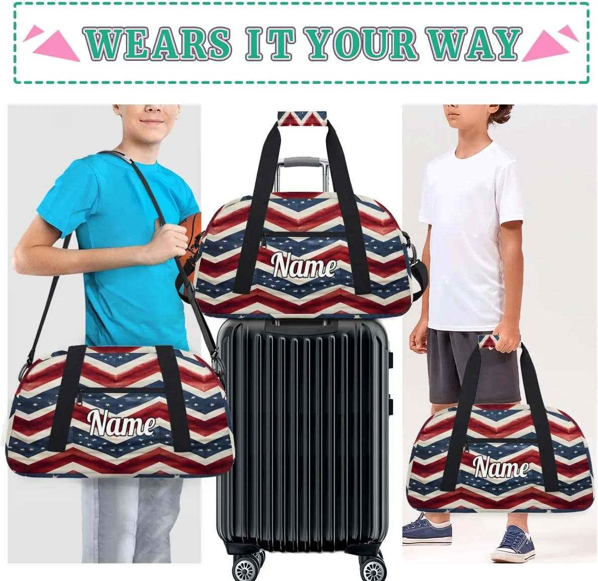 4th of July Memorial Day Personalized Kids Gym Bag Custom Dance Bag with Name Sport Duffel Bag for Girls Boys Weekender Overnight Travel Bag