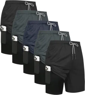 5 Pack Mens 2 in 1 Running Shorts with Liner, Quick Dry Workout Training Gym Athletic Sport Shorts with Pockets