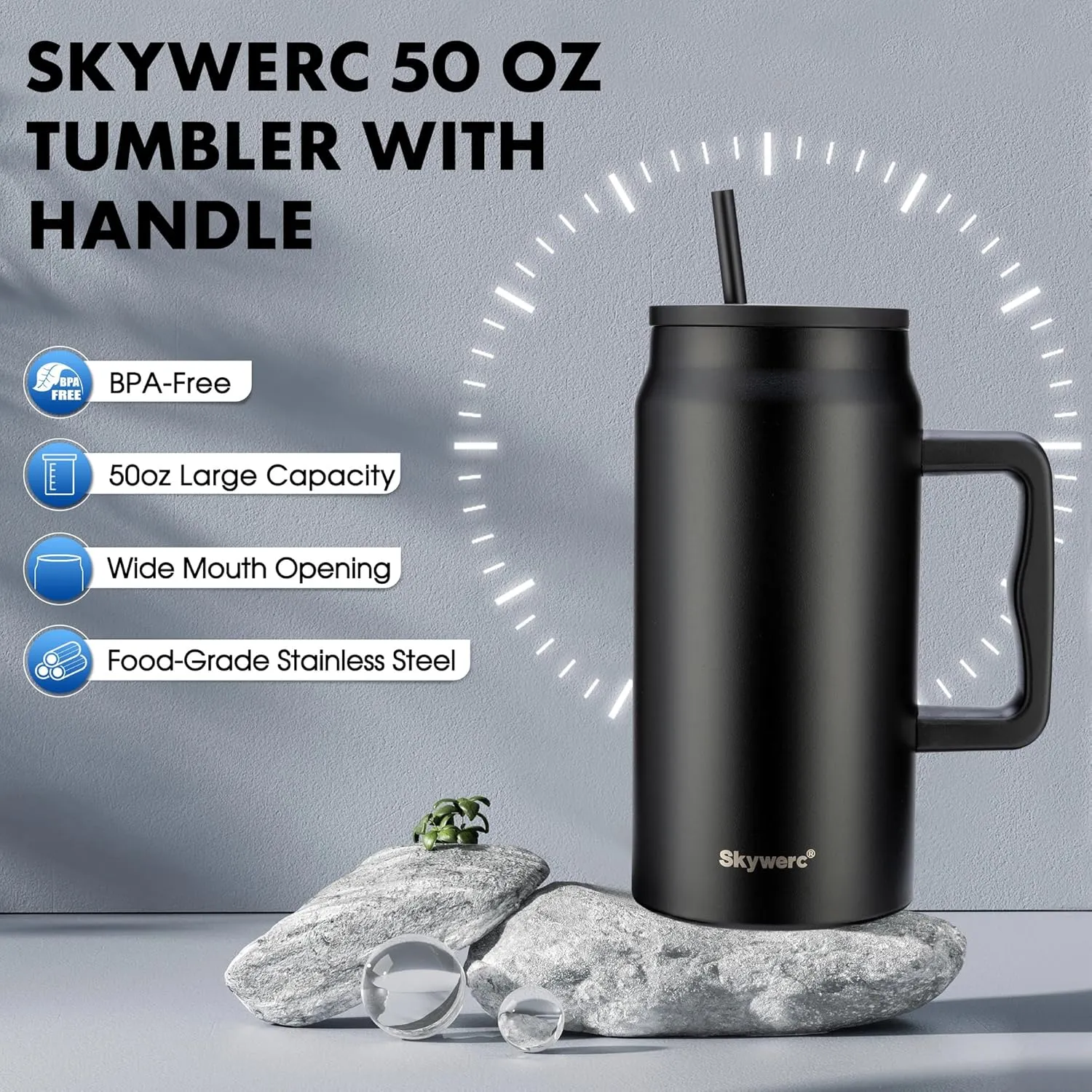 50 oz Tumbler with Handle, Vacuum Insulated Water Bottle with Lid and Straw, Stainless Steel Double Wall Travel Jug Coffee Mug, Keep Cold for 36H, 100% Leak-proof, Non-slip Base - Azure
