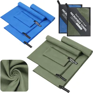 6 Pack(3 Size at 1 Set) Camping Quick Dry Towels with Bag Multiple Size Microfiber Lightweight Travel Towel Absorbent for Beach, Sports Swim Pool Supplies Navy Blue and Army Green