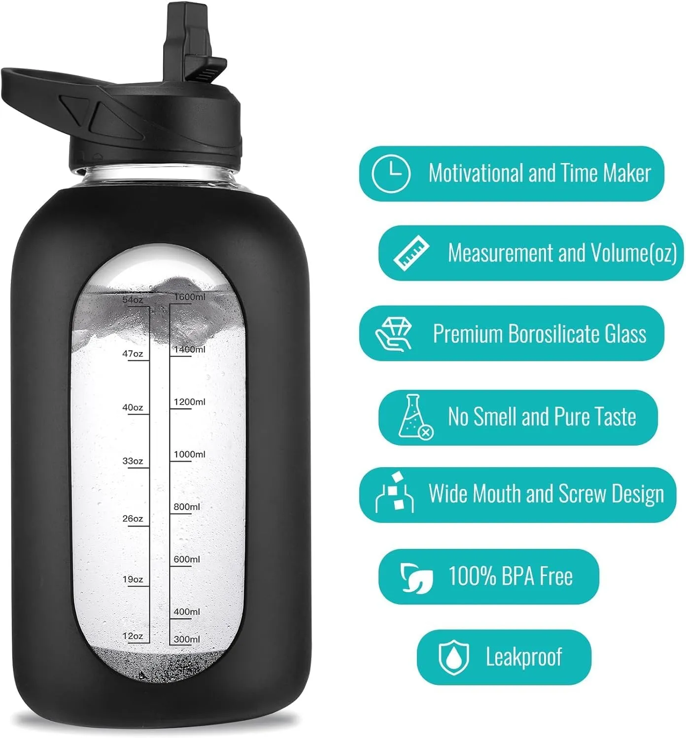 64 oz Glass Water Bottle With Straw and Handle, Half Gallon Sports Motivational Water Jug Flask with Silicone Sleeve, Large Water Cup with Time Marker for Travel, Gym, Dark Purple