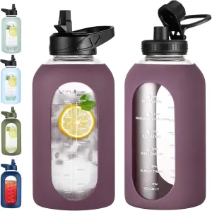 64 oz Glass Water Bottle With Straw and Handle, Half Gallon Sports Motivational Water Jug Flask with Silicone Sleeve, Large Water Cup with Time Marker for Travel, Gym, Dark Purple