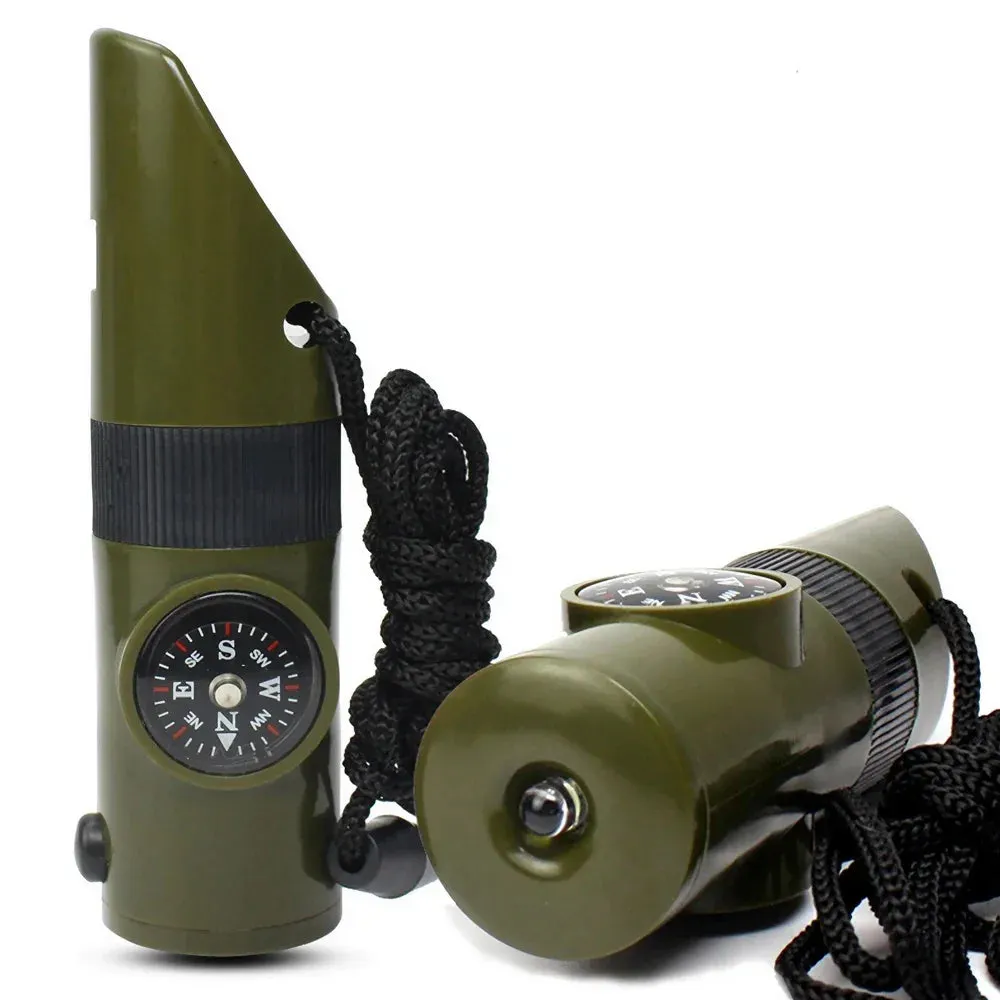 7-in-1 Survival Whistle – Bushcraft Trekking with Compass, Mirror, LED Light, Thermometer