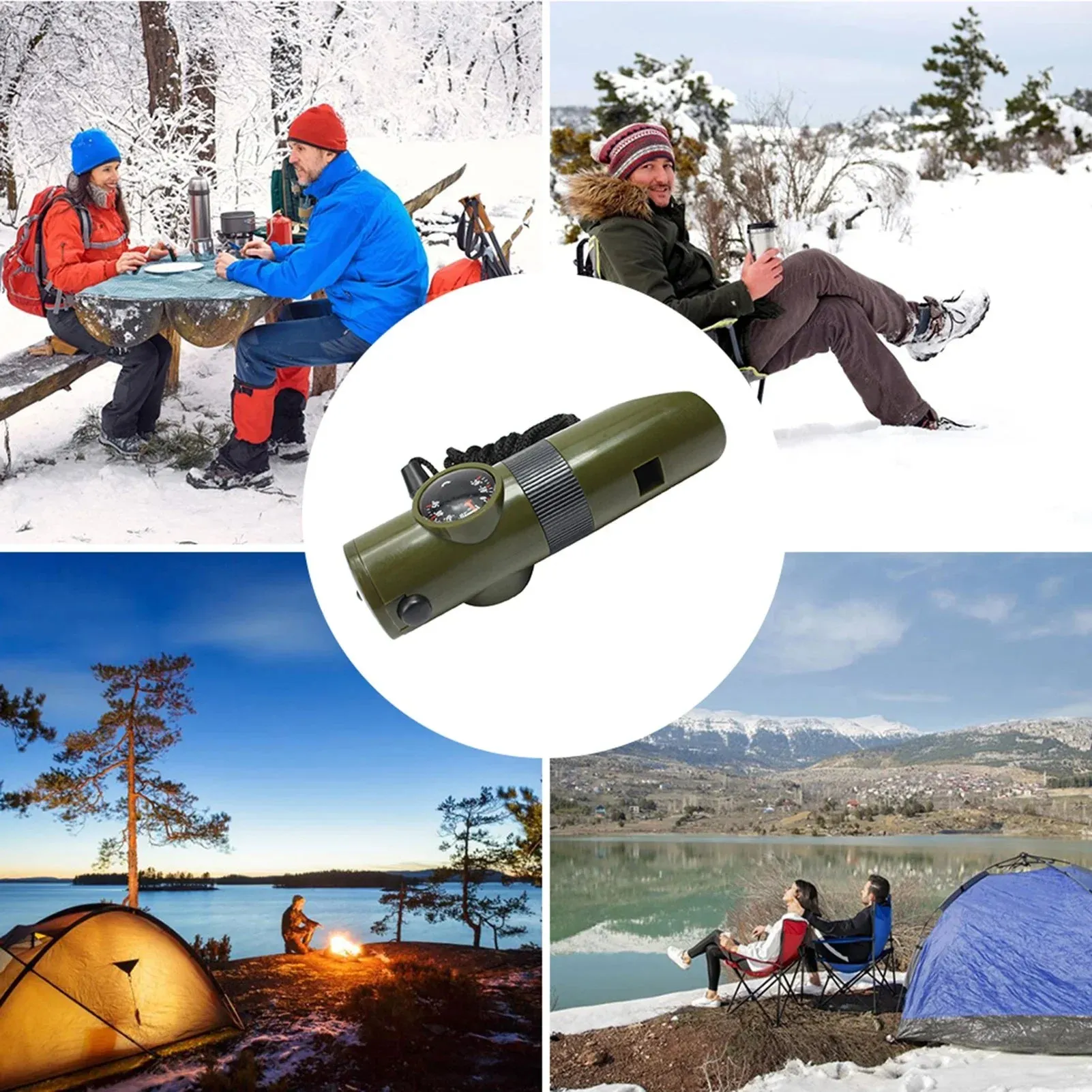 7-in-1 Survival Whistle – Bushcraft Trekking with Compass, Mirror, LED Light, Thermometer