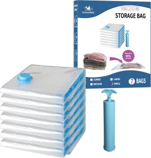 7 Pack Small Space Saver Vacuum Storage Bags for Clothing Travel, Vacuum Seal Compression Bags for Clothes, Packing, Luggage, Blankets, Comforters and Pillows, Hand Pump Included