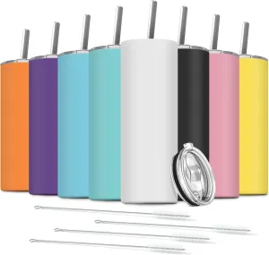 8 Pack Stainless Steel Skinny Tumbler, 20 OZ Double-Insulated Water Tumbler Cup with 8 Straw and 4 Brush, Vacuum Travel Mug Gift for Hot Cold Drinks with Cleaning(Assorted Colors)
