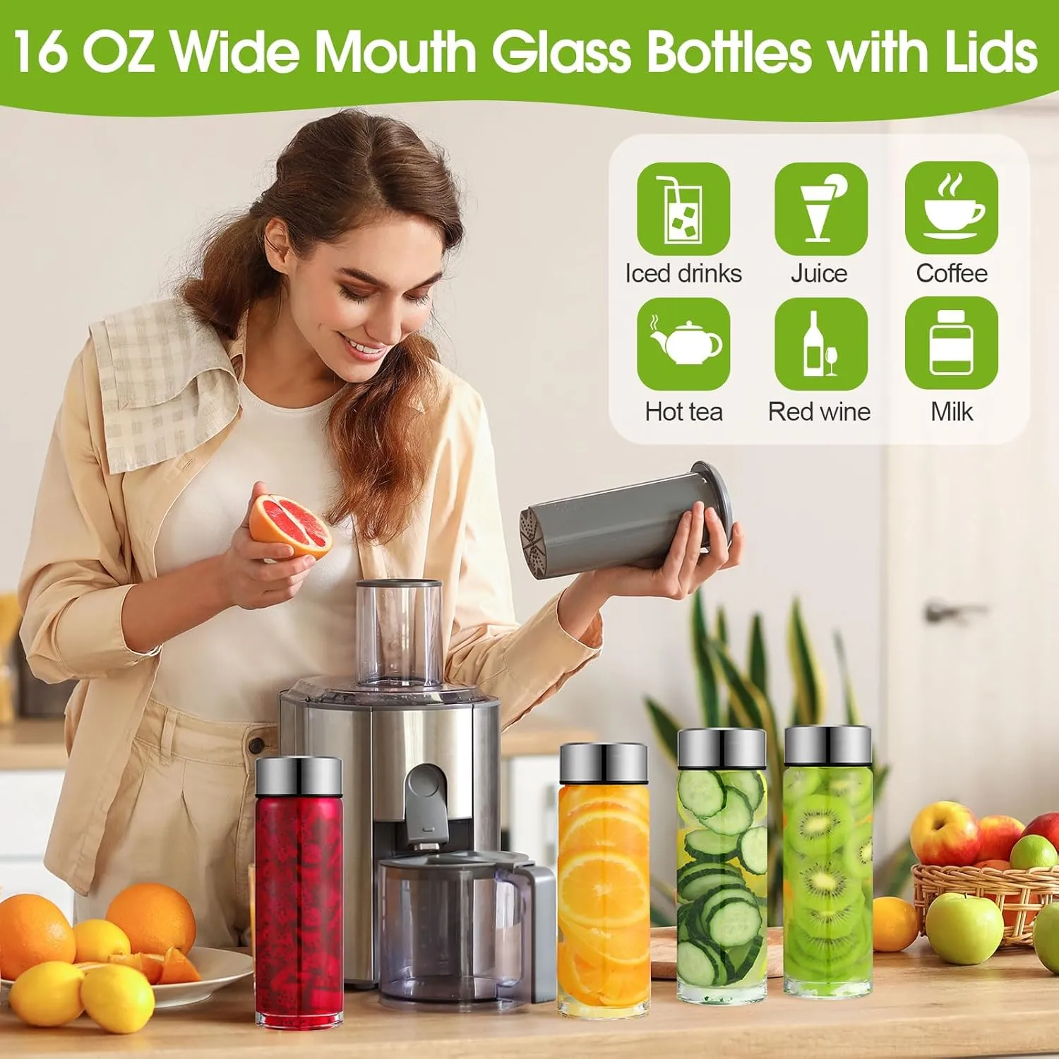 8 Pcs 16 oz Wide Mouth Glass Water Bottles Reusable Glass Juice Bottles with Lids Leakproof Juicing Jars with Silver Lids for Fridge Milk Juicing Smoothies Infused Water Beverage Kombucha Tea Drinking