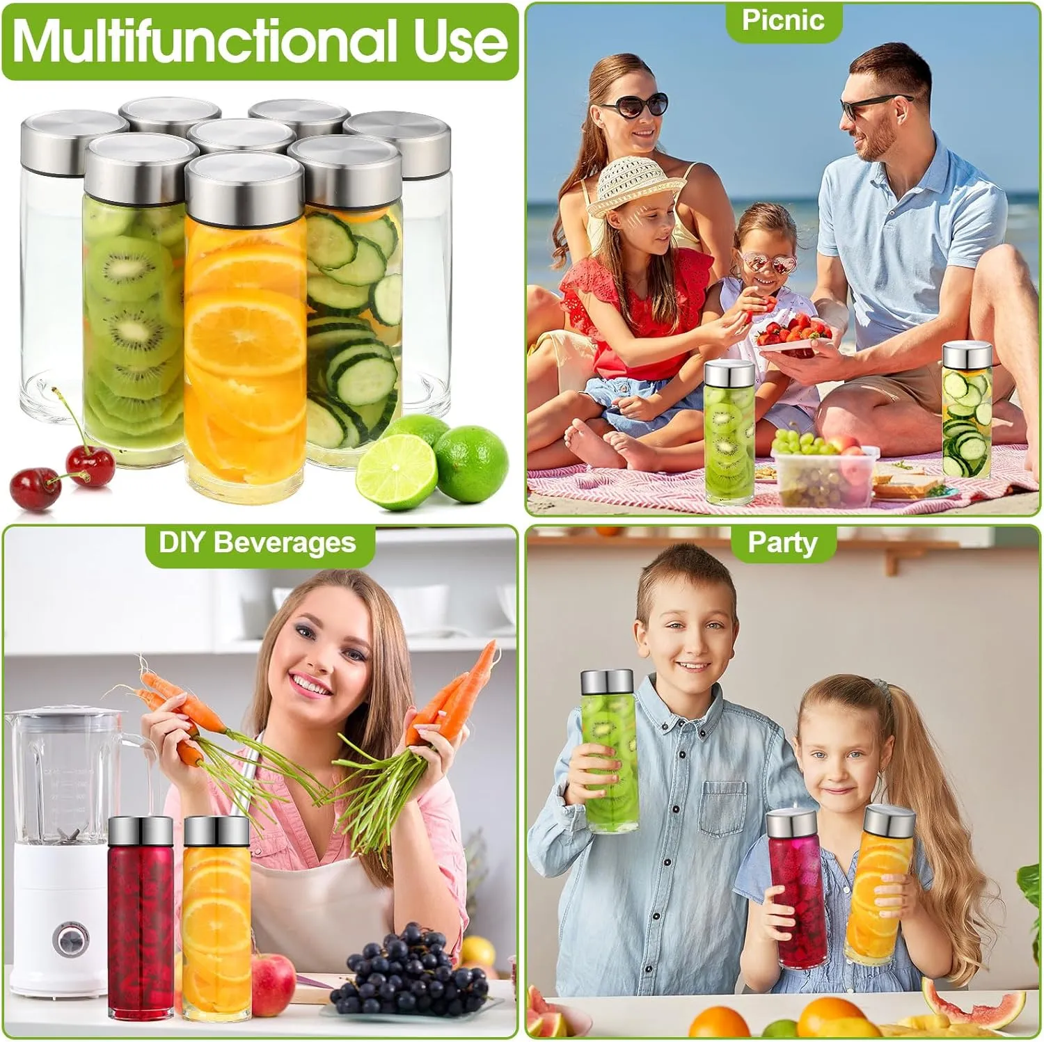 8 Pcs 16 oz Wide Mouth Glass Water Bottles Reusable Glass Juice Bottles with Lids Leakproof Juicing Jars with Silver Lids for Fridge Milk Juicing Smoothies Infused Water Beverage Kombucha Tea Drinking