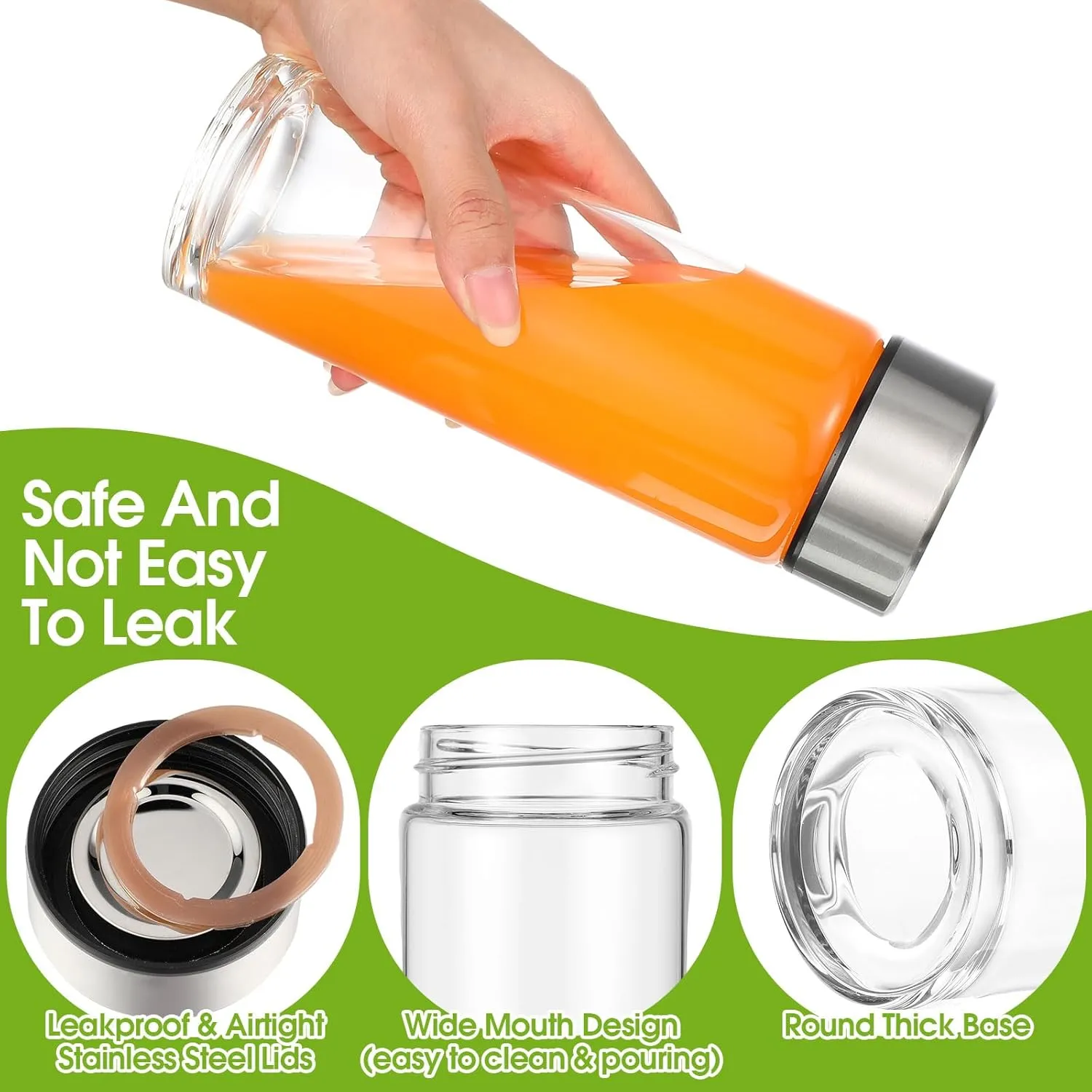 8 Pcs 16 oz Wide Mouth Glass Water Bottles Reusable Glass Juice Bottles with Lids Leakproof Juicing Jars with Silver Lids for Fridge Milk Juicing Smoothies Infused Water Beverage Kombucha Tea Drinking