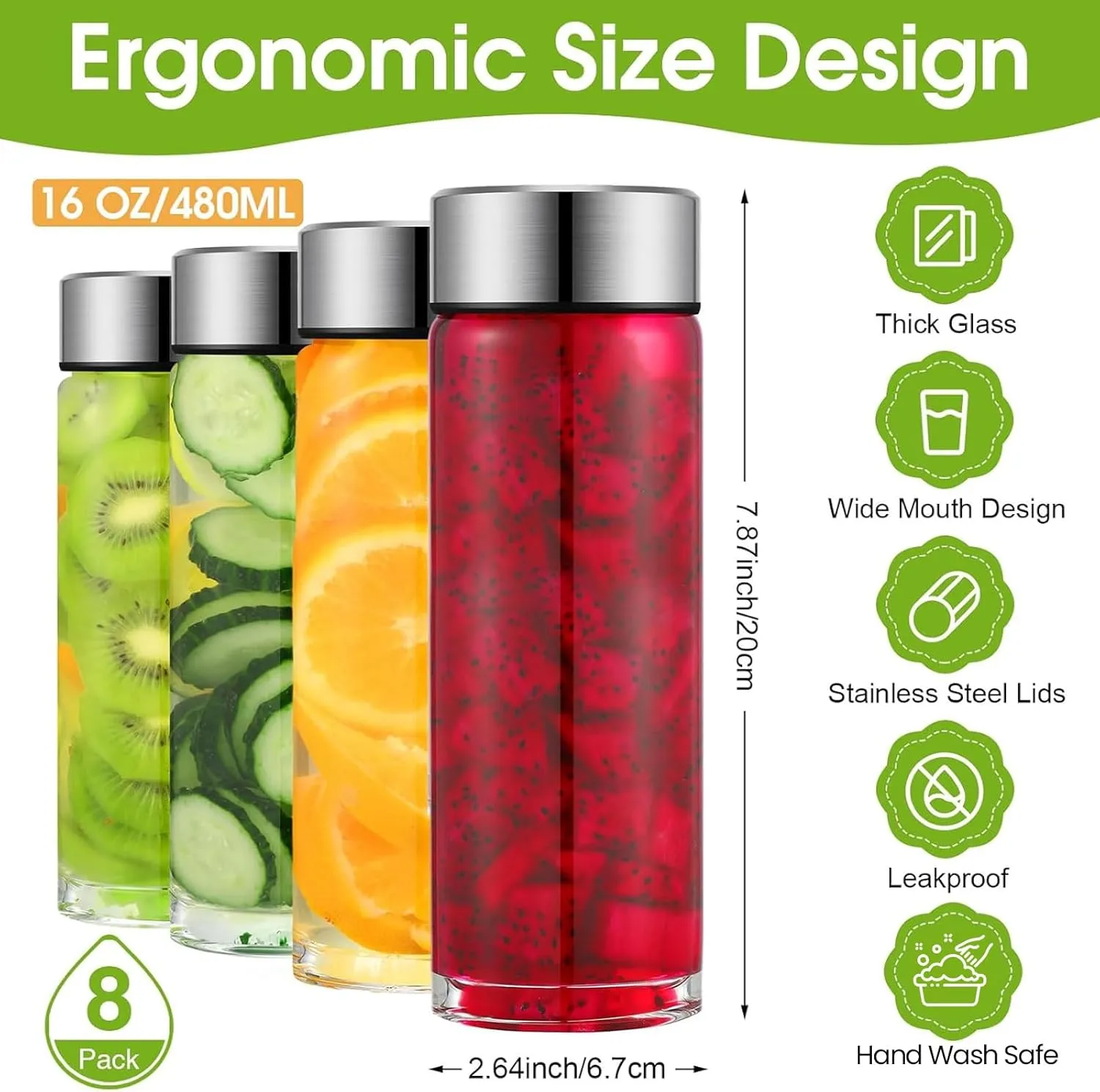 8 Pcs 16 oz Wide Mouth Glass Water Bottles Reusable Glass Juice Bottles with Lids Leakproof Juicing Jars with Silver Lids for Fridge Milk Juicing Smoothies Infused Water Beverage Kombucha Tea Drinking