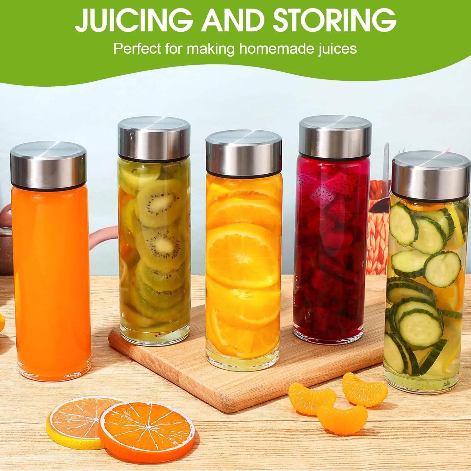 8 Pcs 16 oz Wide Mouth Glass Water Bottles Reusable Glass Juice Bottles with Lids Leakproof Juicing Jars with Silver Lids for Fridge Milk Juicing Smoothies Infused Water Beverage Kombucha Tea Drinking