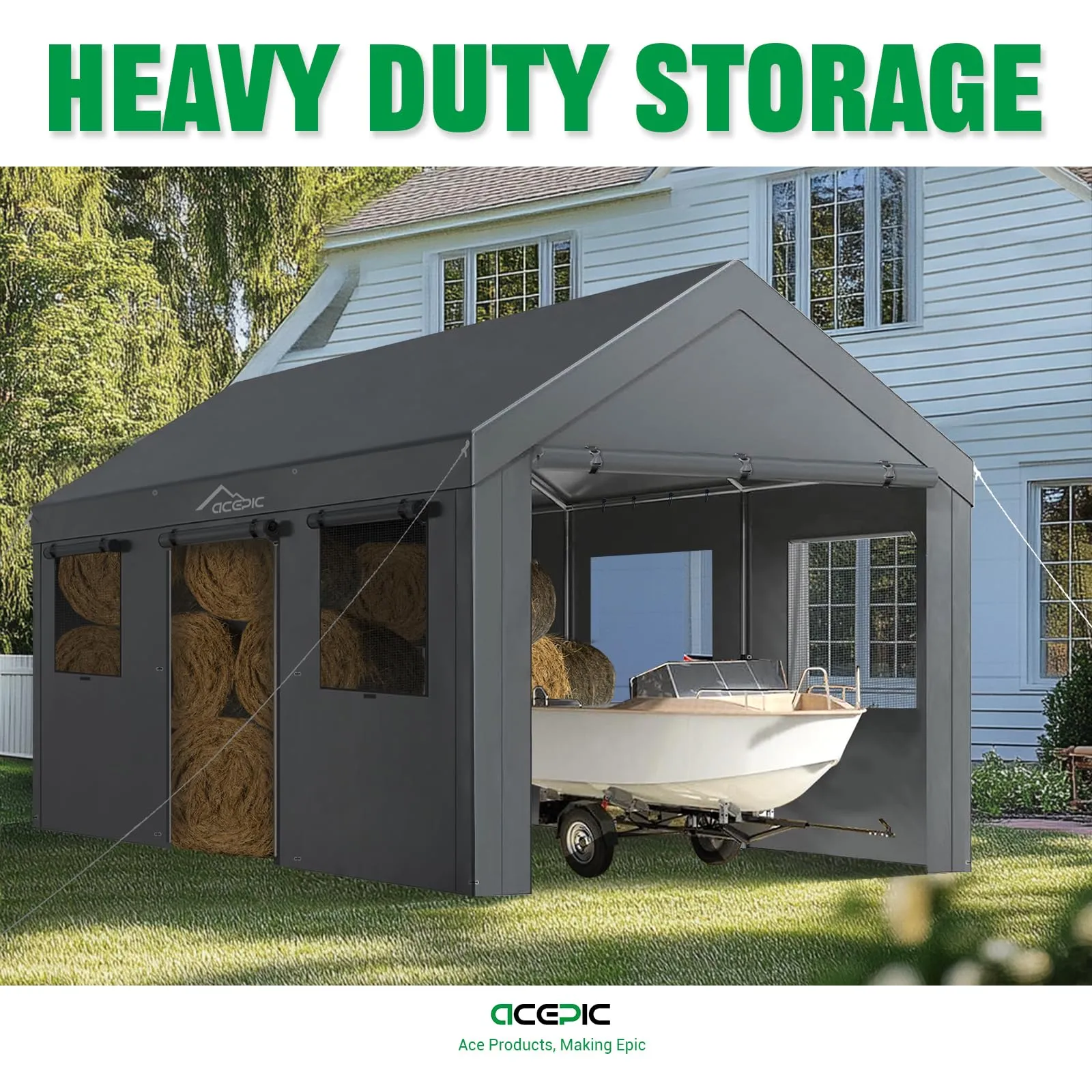 Acepic Carport 10x20ft Heavy Duty Carport Features Roll-up Windows & Doors, Portable Garage with UV Resistant Waterproof All-Season Tarp for Car
