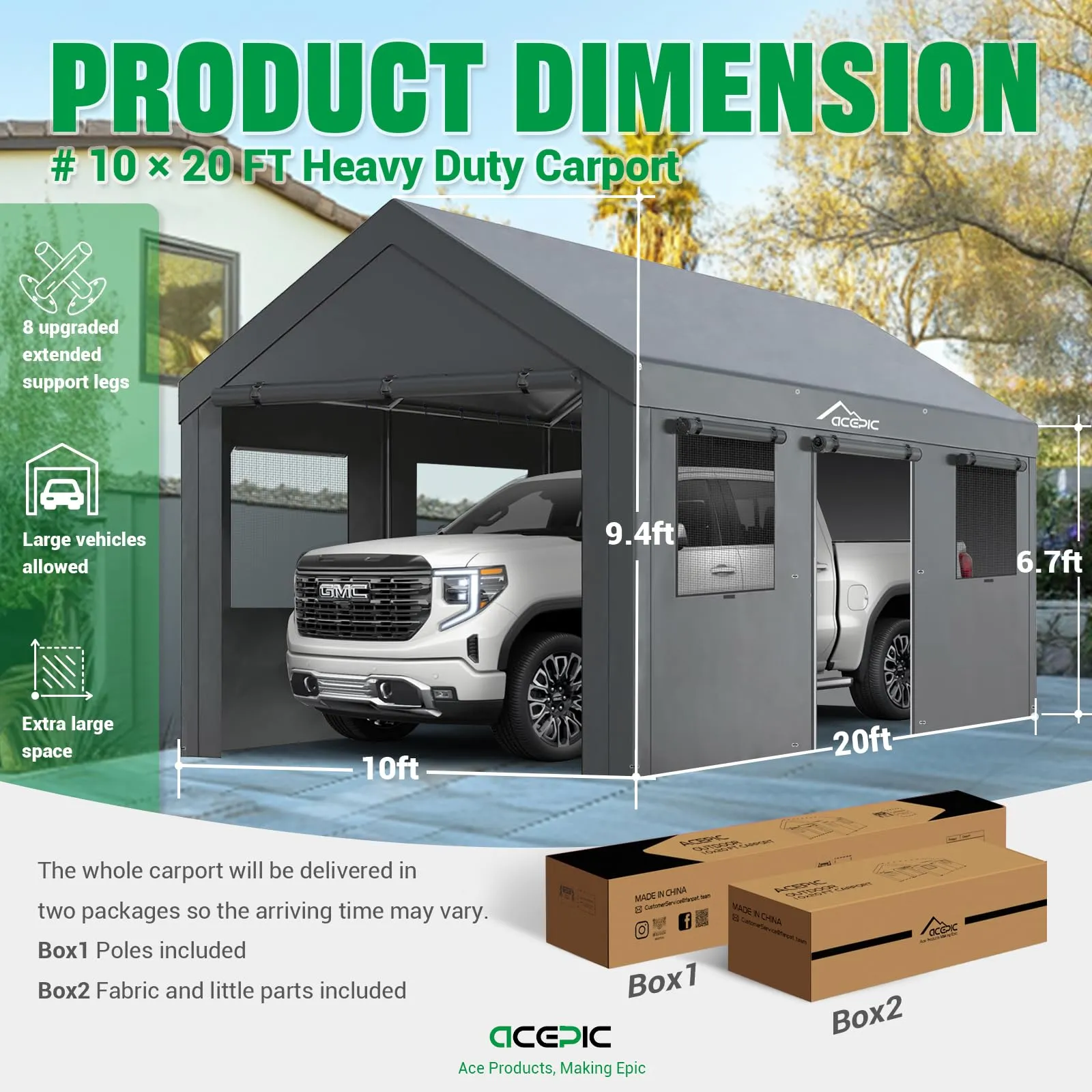 Acepic Carport 10x20ft Heavy Duty Carport Features Roll-up Windows & Doors, Portable Garage with UV Resistant Waterproof All-Season Tarp for Car