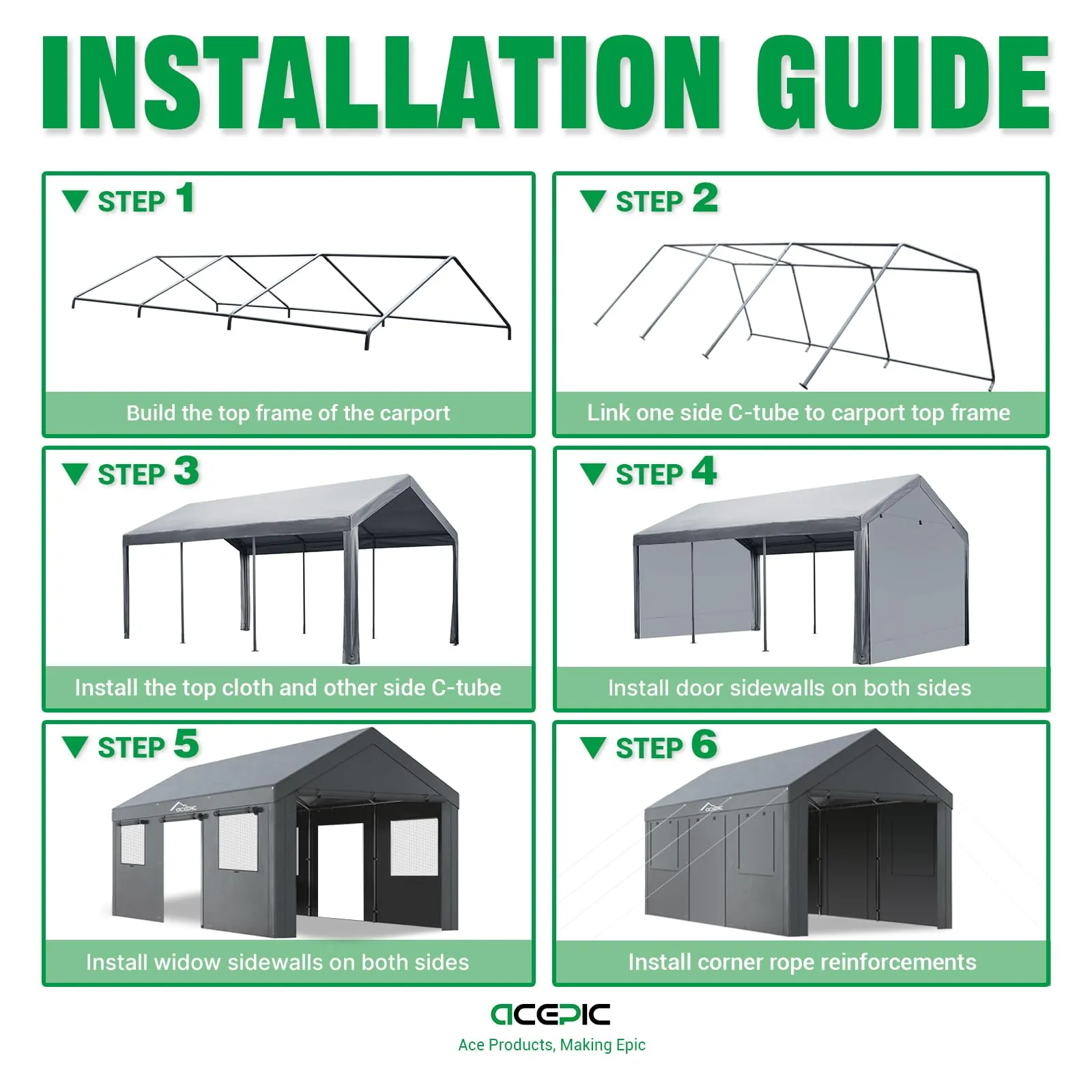 Acepic Carport 10x20ft Heavy Duty Carport Features Roll-up Windows & Doors, Portable Garage with UV Resistant Waterproof All-Season Tarp for Car