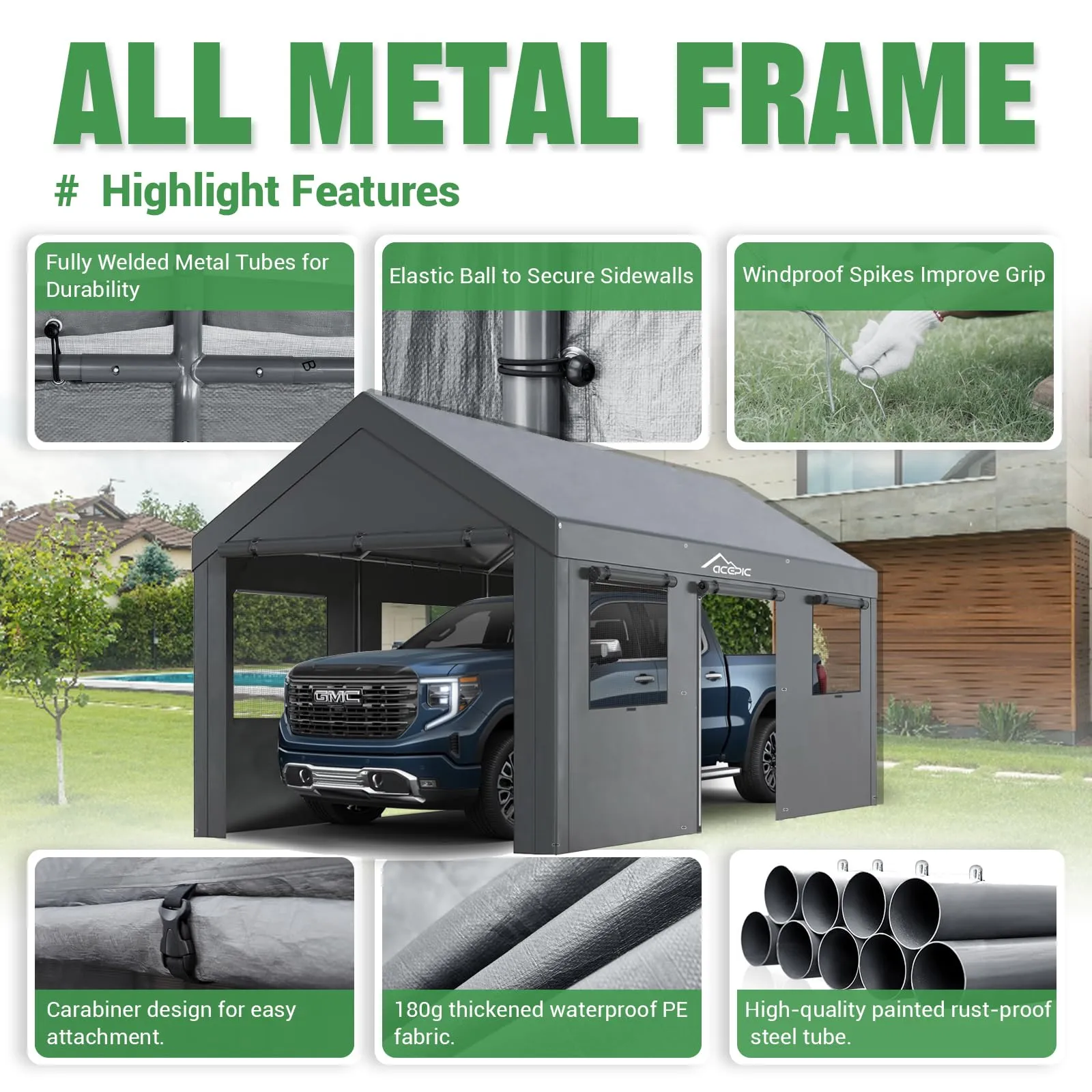 Acepic Carport 10x20ft Heavy Duty Carport Features Roll-up Windows & Doors, Portable Garage with UV Resistant Waterproof All-Season Tarp for Car
