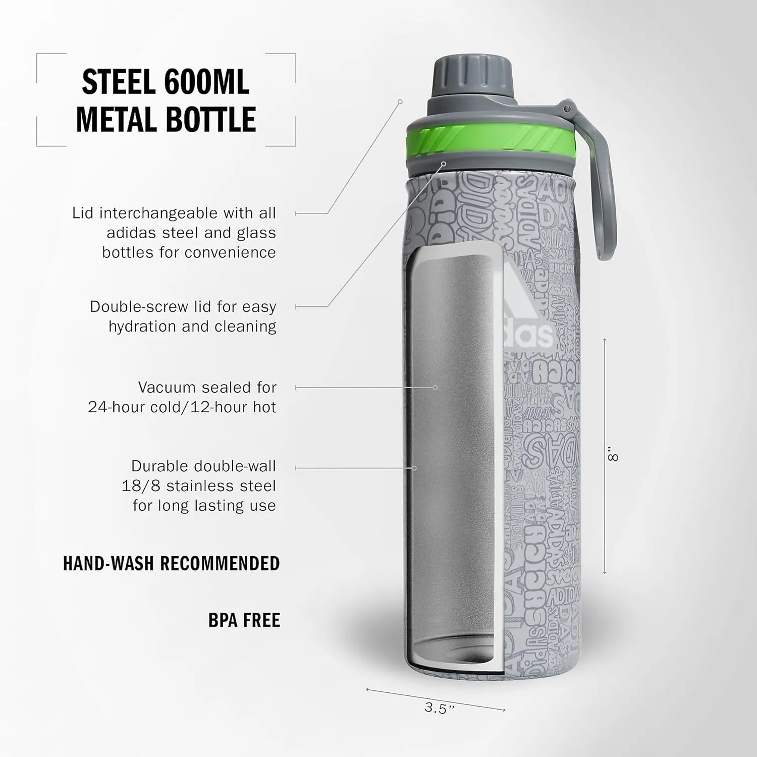 adidas 20 oz Stainless Steel Water Bottle, Insulated Double-Walled 18/8 Metal, Men, Women, Girls and Boys