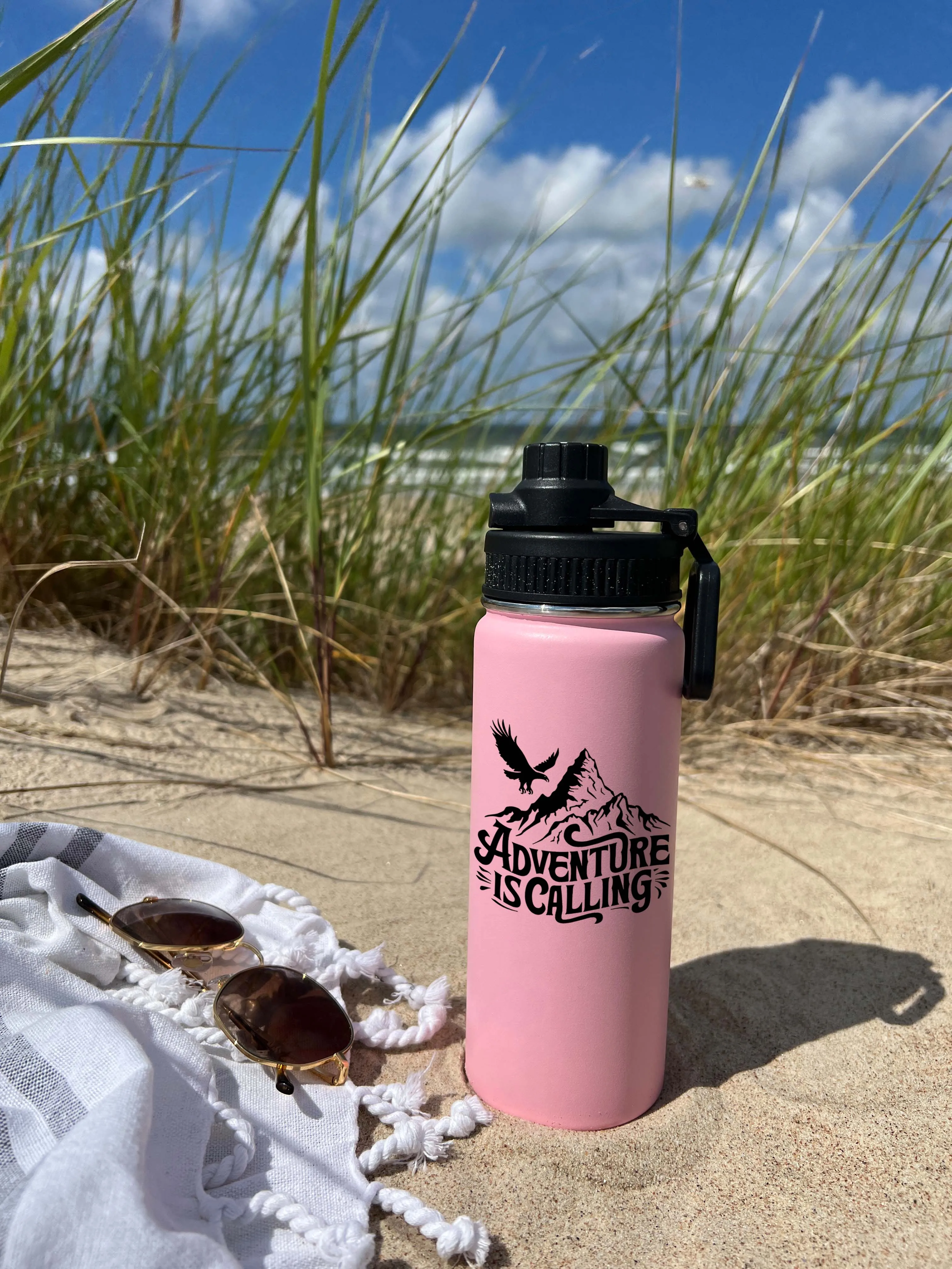 Adventure is Calling Sports Water Bottle 18/32 oz, Traveling, Stainless Steel Insulated Flasks, Custom Water Bottle, Name Bottle,  Keeps Cold 24 Hrs