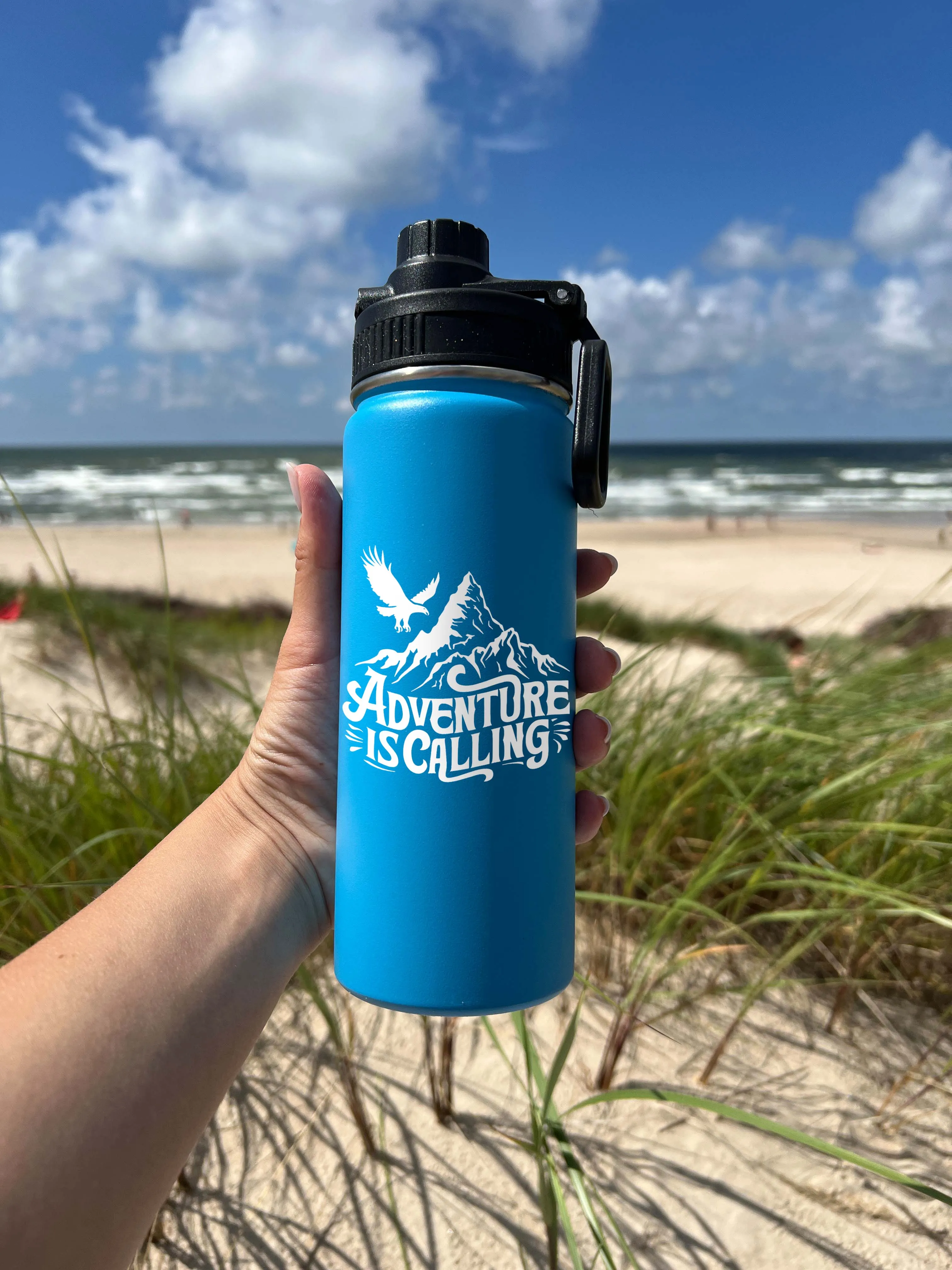 Adventure is Calling Sports Water Bottle 18/32 oz, Traveling, Stainless Steel Insulated Flasks, Custom Water Bottle, Name Bottle,  Keeps Cold 24 Hrs