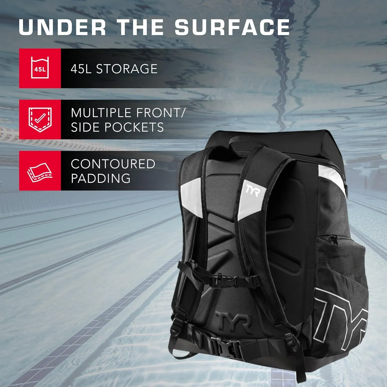 Alliance Backpack, 45L Capacity, Wet and Dry Compartments, Team Colors, White/Black Multi, 45 Liter