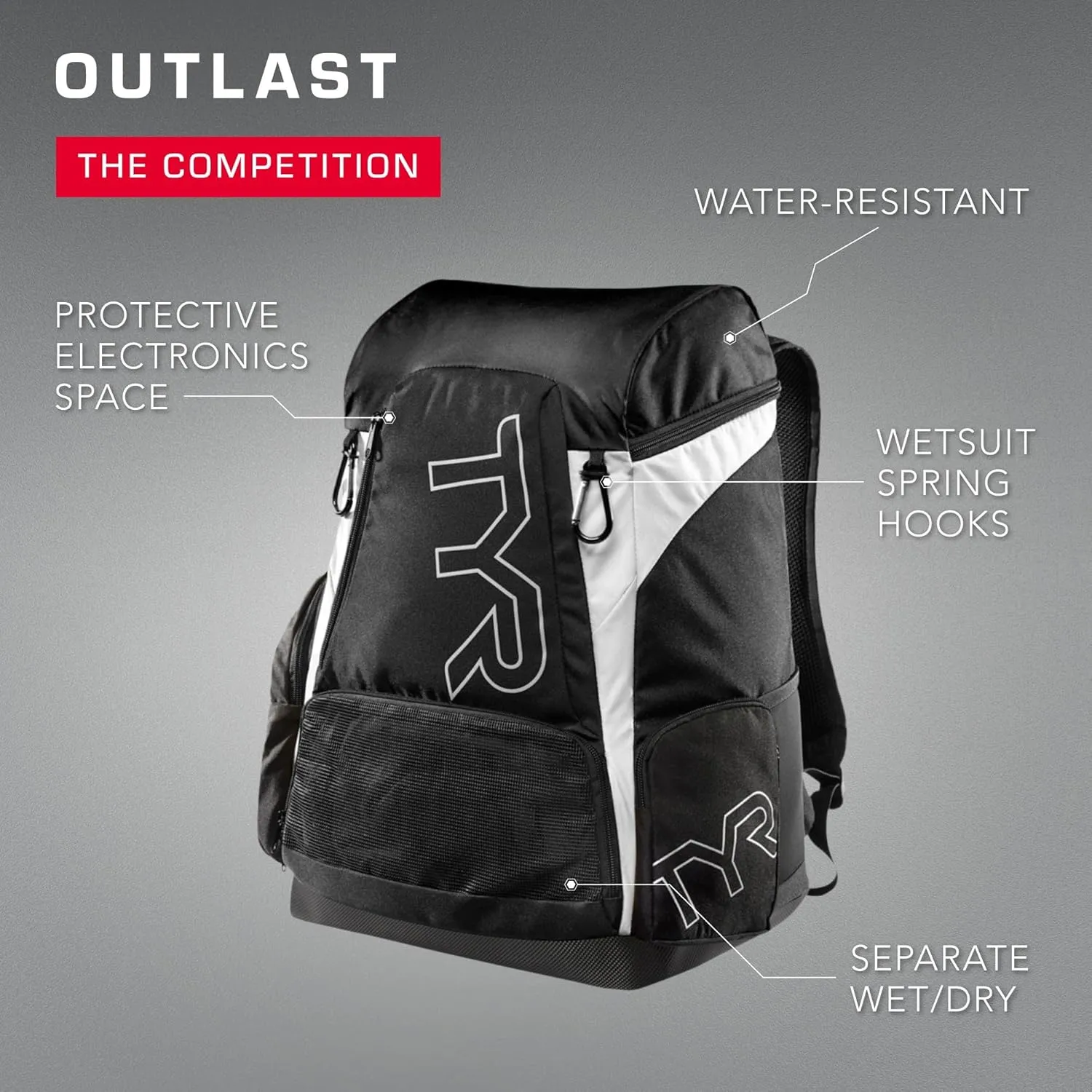 Alliance Backpack, 45L Capacity, Wet and Dry Compartments, Team Colors, White/Black Multi, 45 Liter