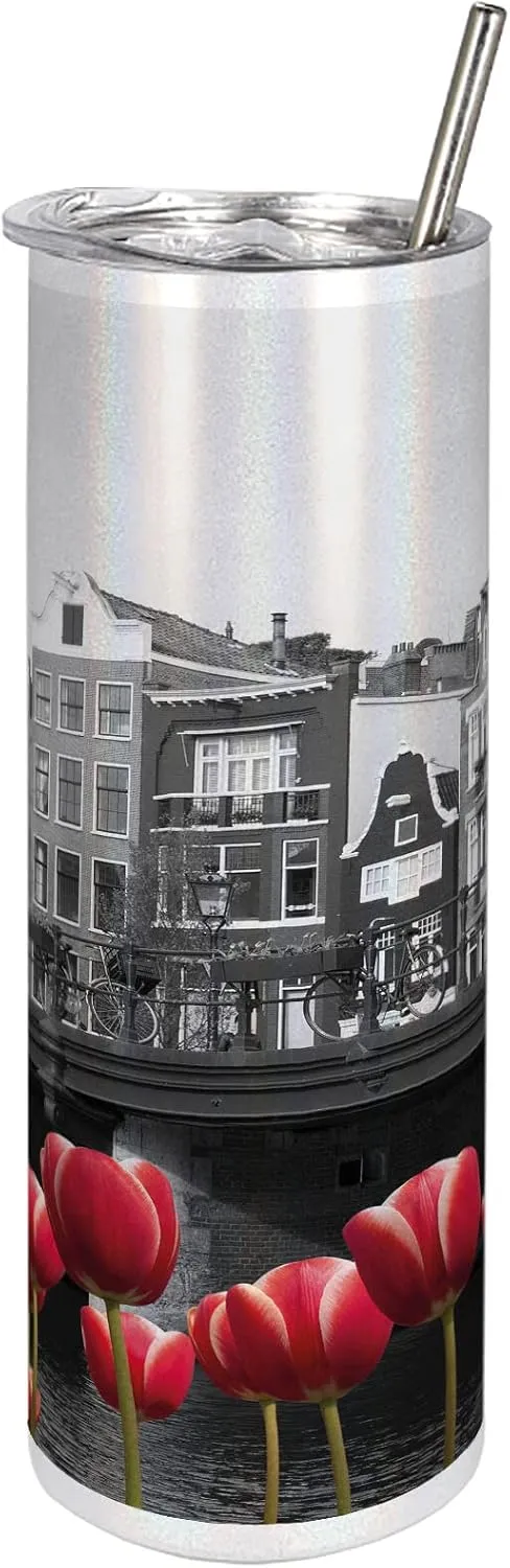 Ambesonne Black and White 20 Oz Skinny Tumbler, Monochrome Photo of Amsterdam Canal with Red Tulips and Houses, Leak-Proof Straw Lid and Brush Vacuum Insulated for Outdoor Use, Black White and Red
