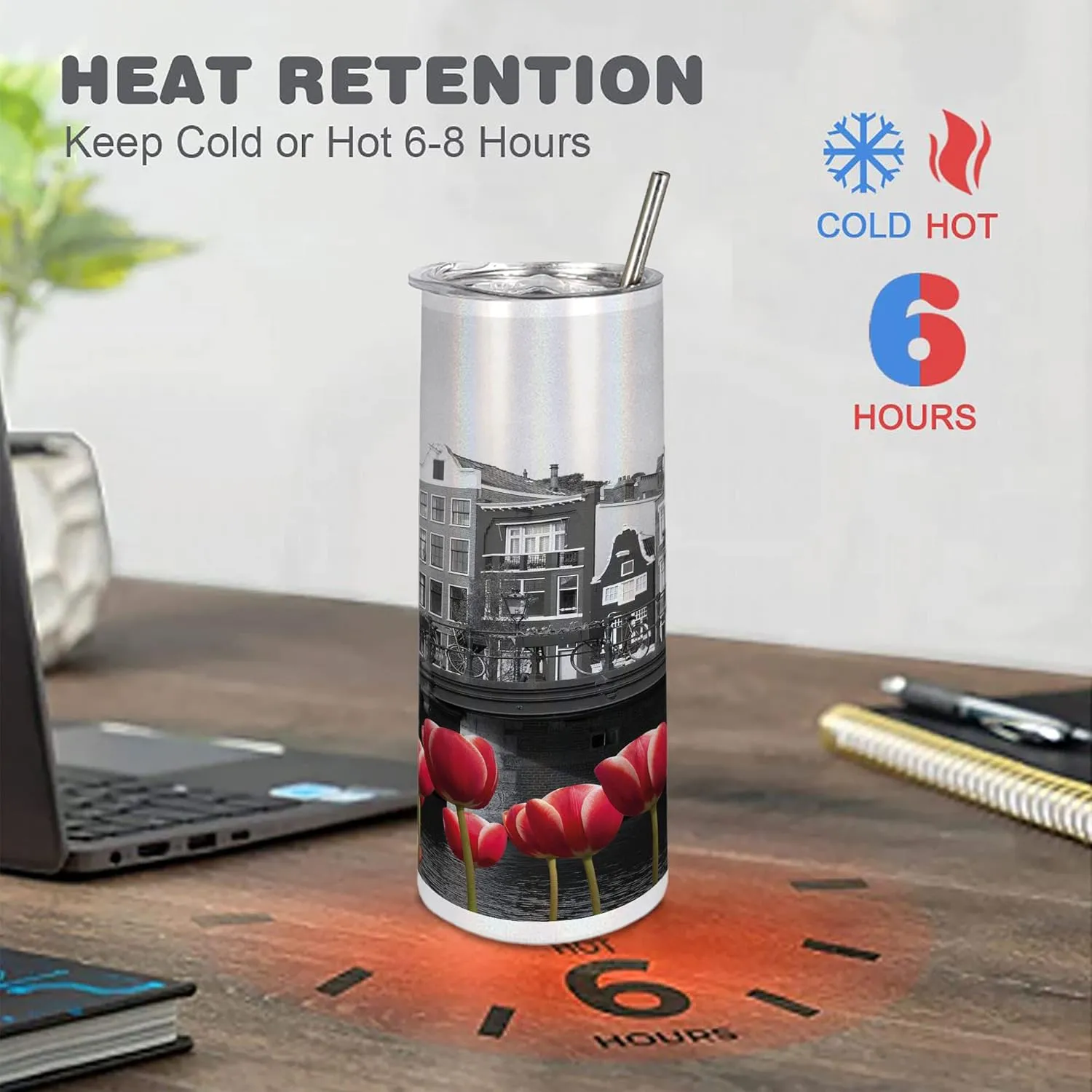 Ambesonne Black and White 20 Oz Skinny Tumbler, Monochrome Photo of Amsterdam Canal with Red Tulips and Houses, Leak-Proof Straw Lid and Brush Vacuum Insulated for Outdoor Use, Black White and Red