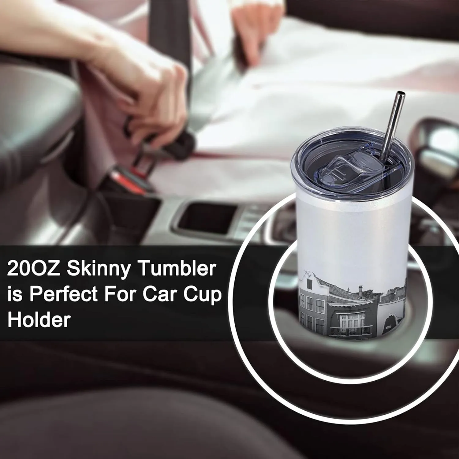 Ambesonne Black and White 20 Oz Skinny Tumbler, Monochrome Photo of Amsterdam Canal with Red Tulips and Houses, Leak-Proof Straw Lid and Brush Vacuum Insulated for Outdoor Use, Black White and Red