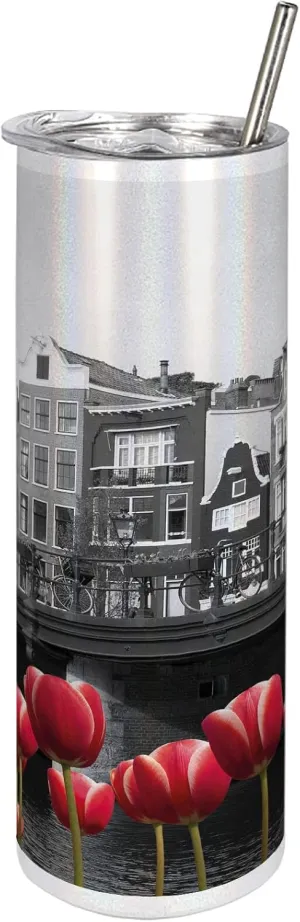 Ambesonne Black and White 20 Oz Skinny Tumbler, Monochrome Photo of Amsterdam Canal with Red Tulips and Houses, Leak-Proof Straw Lid and Brush Vacuum Insulated for Outdoor Use, Black White and Red