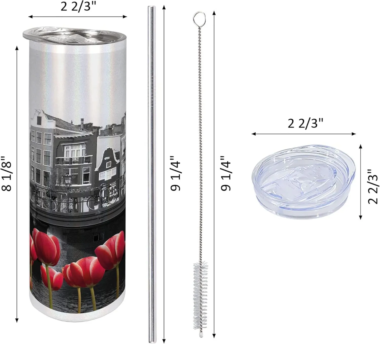 Ambesonne Black and White 20 Oz Skinny Tumbler, Monochrome Photo of Amsterdam Canal with Red Tulips and Houses, Leak-Proof Straw Lid and Brush Vacuum Insulated for Outdoor Use, Black White and Red