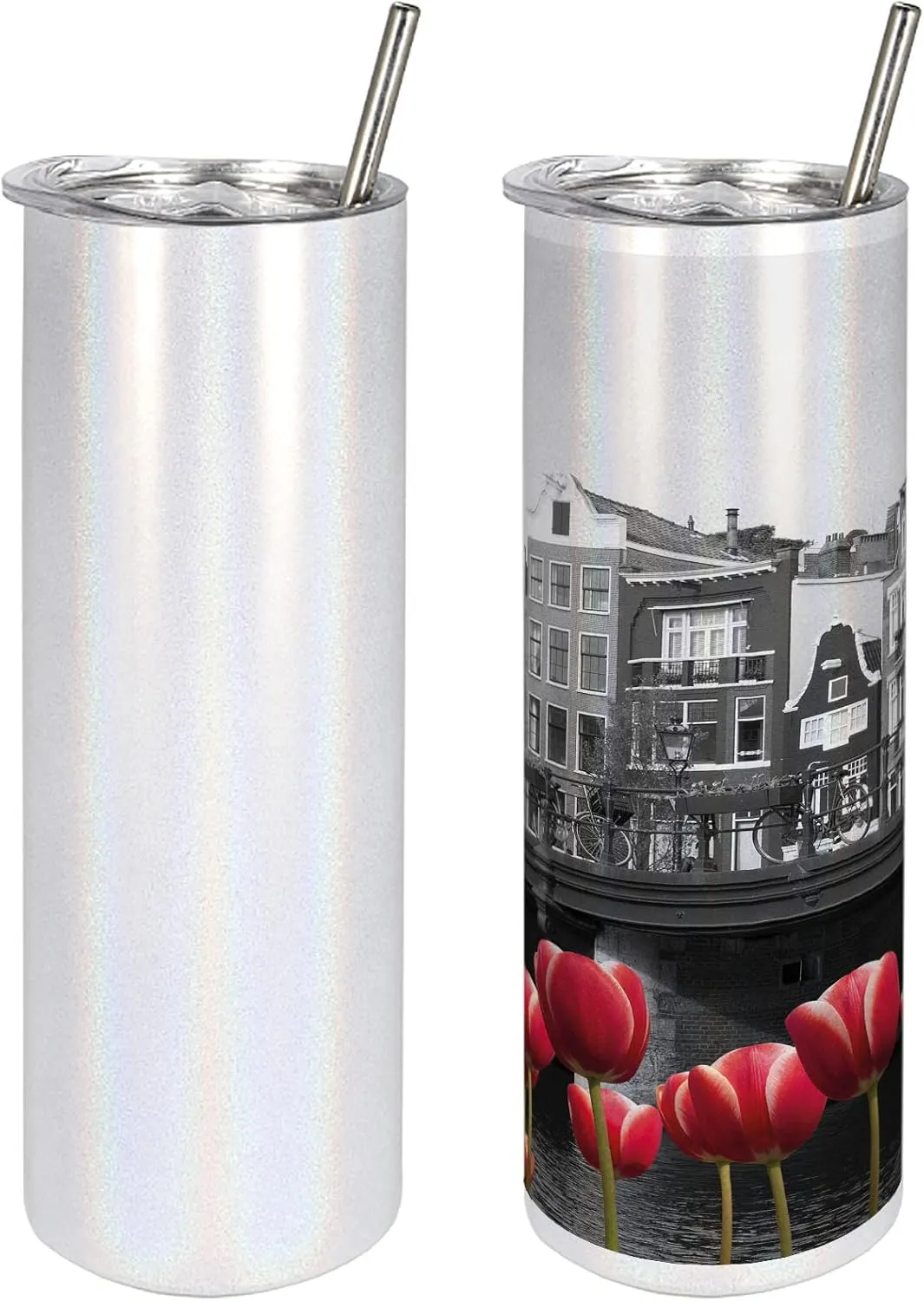 Ambesonne Black and White 20 Oz Skinny Tumbler, Monochrome Photo of Amsterdam Canal with Red Tulips and Houses, Leak-Proof Straw Lid and Brush Vacuum Insulated for Outdoor Use, Black White and Red