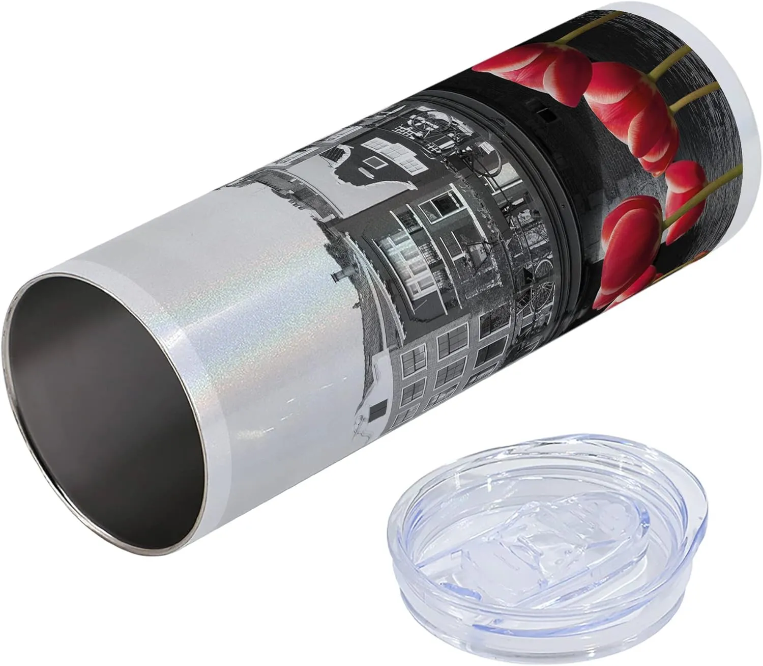 Ambesonne Black and White 20 Oz Skinny Tumbler, Monochrome Photo of Amsterdam Canal with Red Tulips and Houses, Leak-Proof Straw Lid and Brush Vacuum Insulated for Outdoor Use, Black White and Red