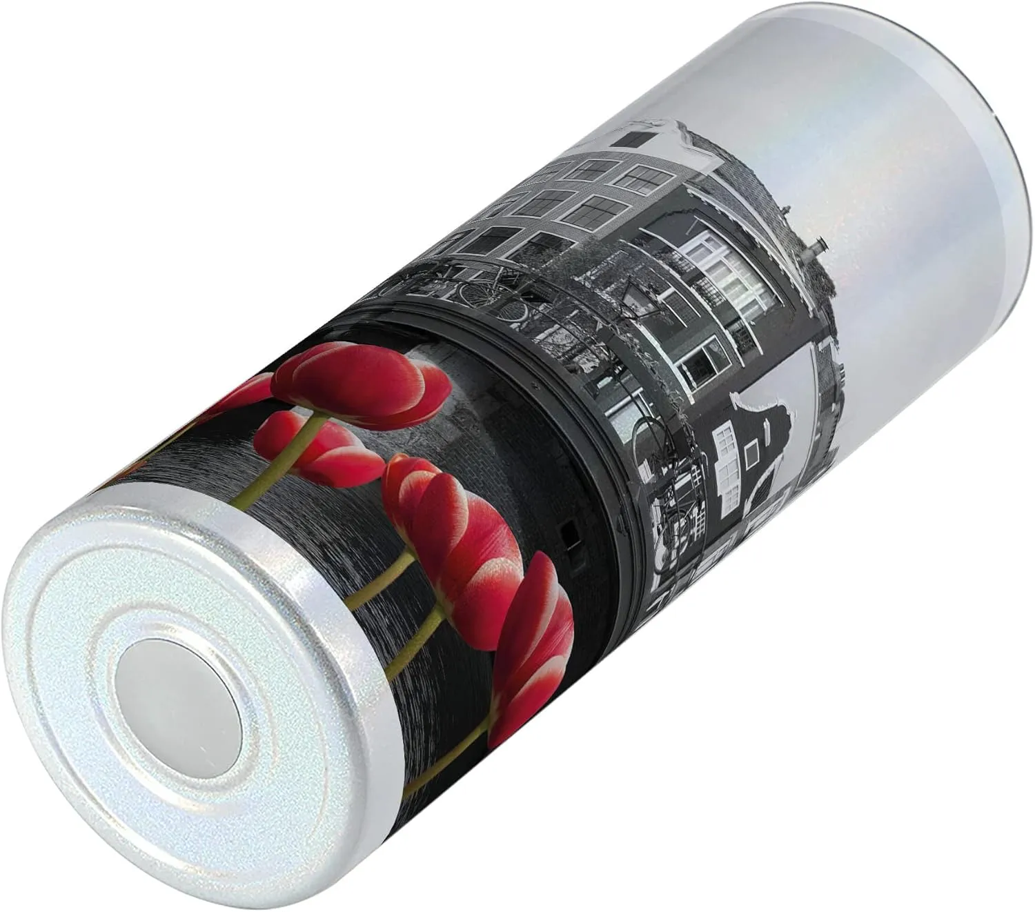 Ambesonne Black and White 20 Oz Skinny Tumbler, Monochrome Photo of Amsterdam Canal with Red Tulips and Houses, Leak-Proof Straw Lid and Brush Vacuum Insulated for Outdoor Use, Black White and Red