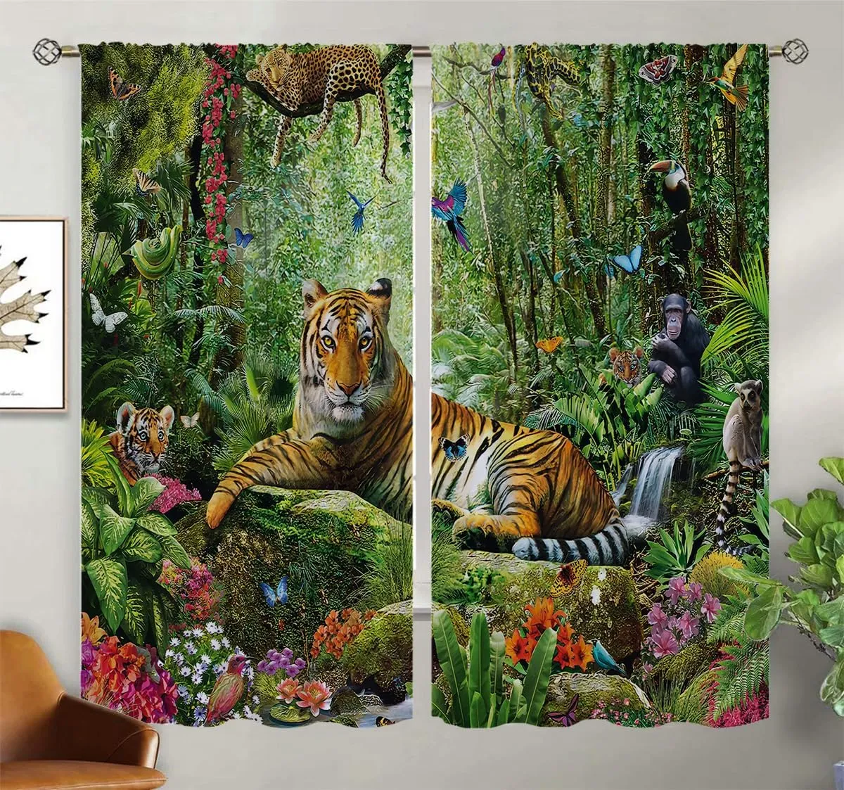 Animal Blackout Curtains for Home Decor,Forest Animal in Tropical Rainforest Landscape Rod Pocket Thermal Insulated Drapes Darkening Window Curtain for Girls Boy Bedroom Living Room 42 x 63 Inch