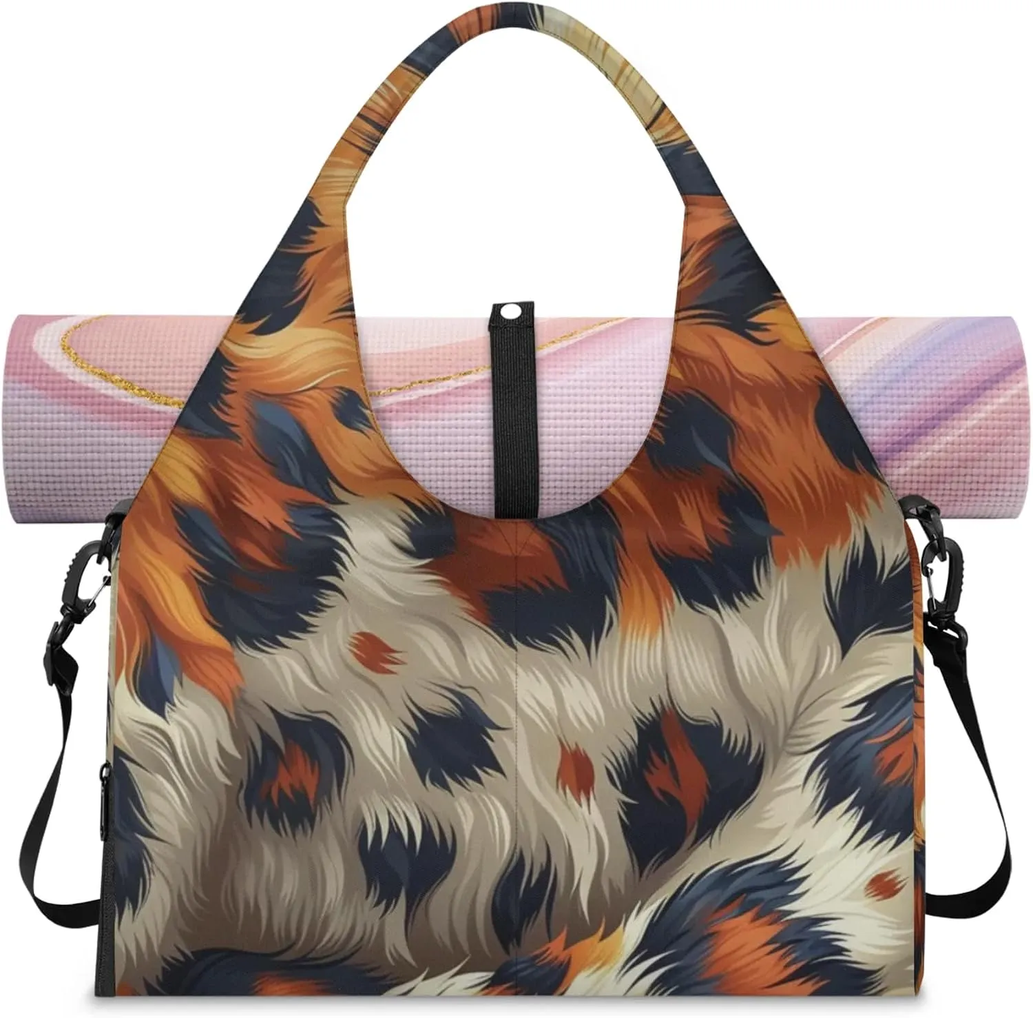 Animal Fur Pattern Gym Bag Yoga Mat Tote for Women with Shoes Compartment Lightweight Duffle Travel Carrier Wet Dry Storage Pockets Adjustable Pilates Mats Shoulder Bags for Sport Swim