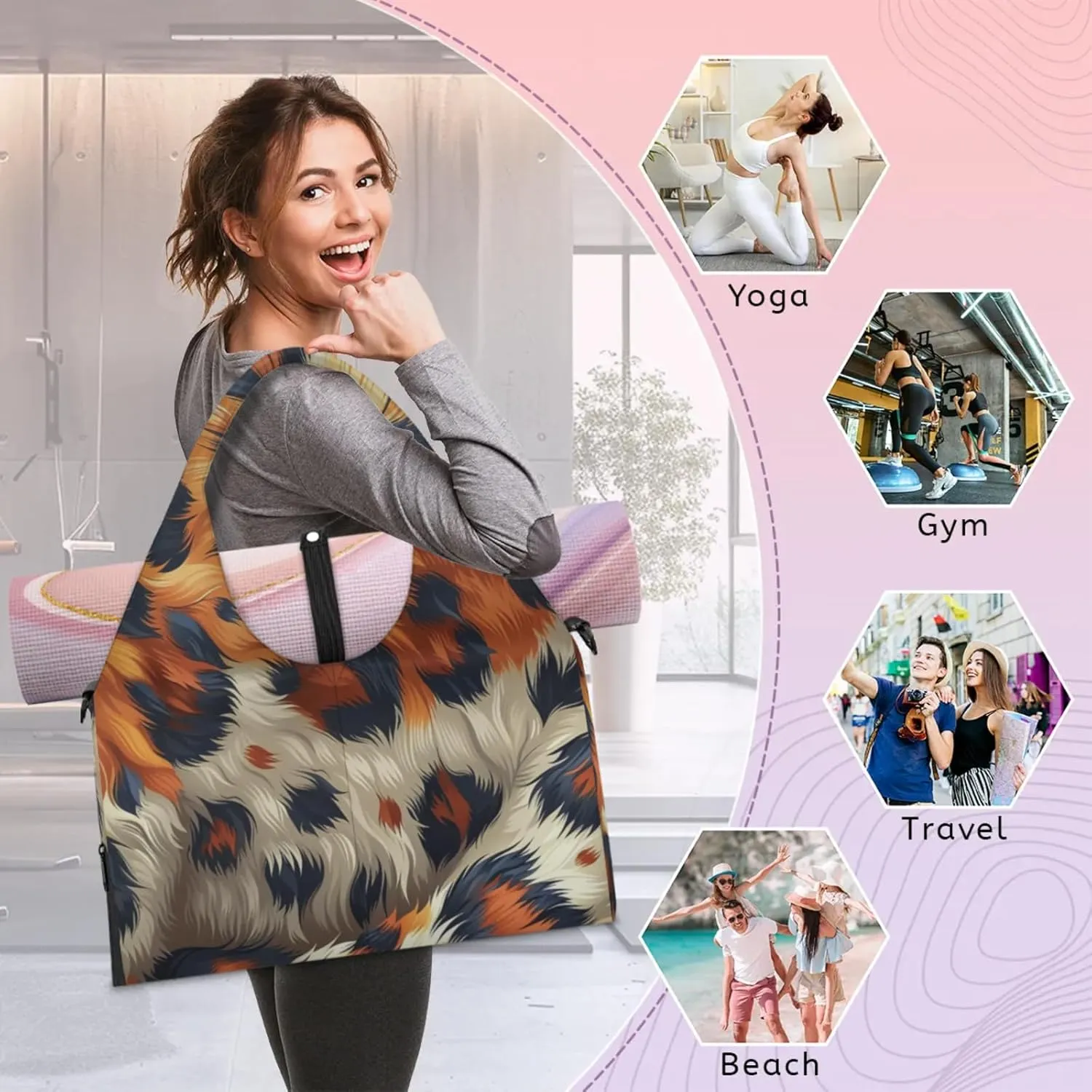 Animal Fur Pattern Gym Bag Yoga Mat Tote for Women with Shoes Compartment Lightweight Duffle Travel Carrier Wet Dry Storage Pockets Adjustable Pilates Mats Shoulder Bags for Sport Swim