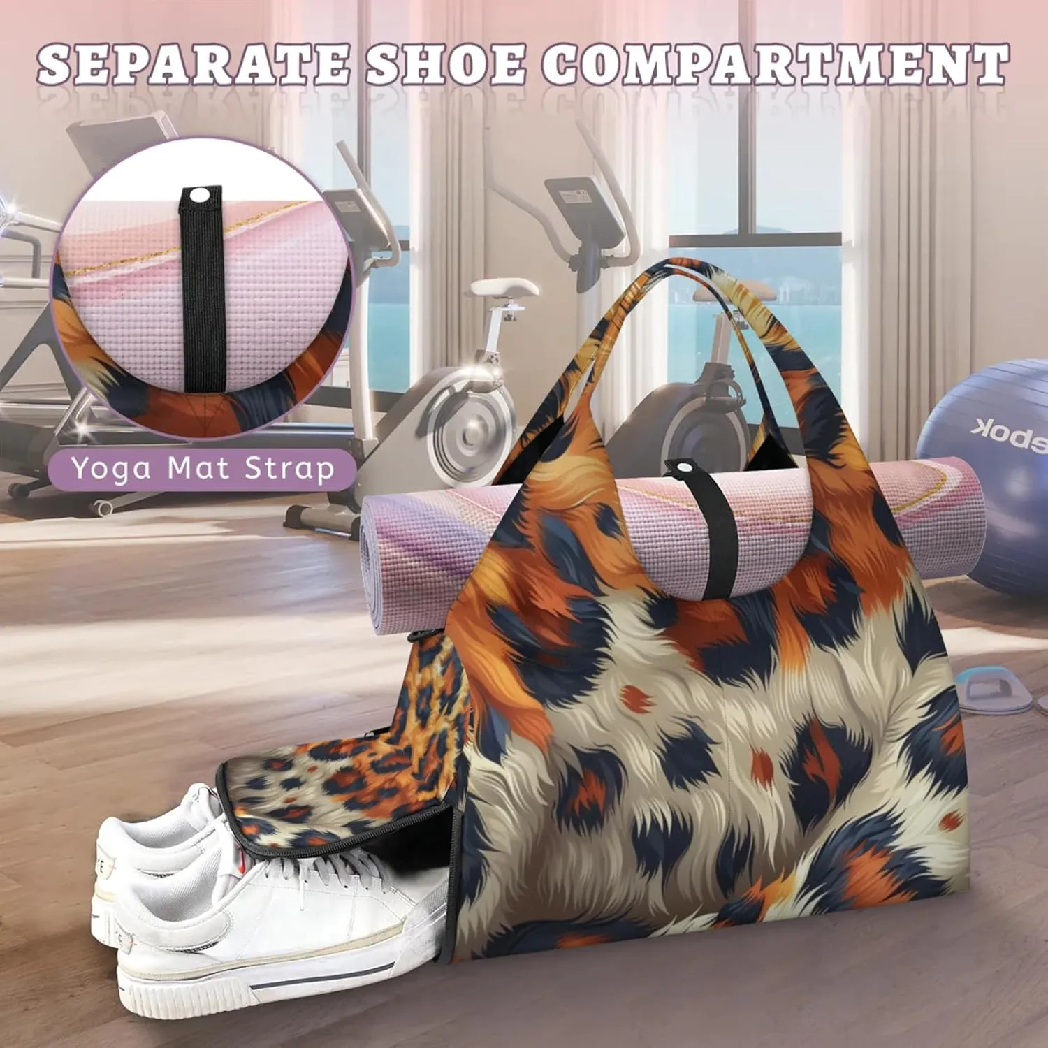 Animal Fur Pattern Gym Bag Yoga Mat Tote for Women with Shoes Compartment Lightweight Duffle Travel Carrier Wet Dry Storage Pockets Adjustable Pilates Mats Shoulder Bags for Sport Swim
